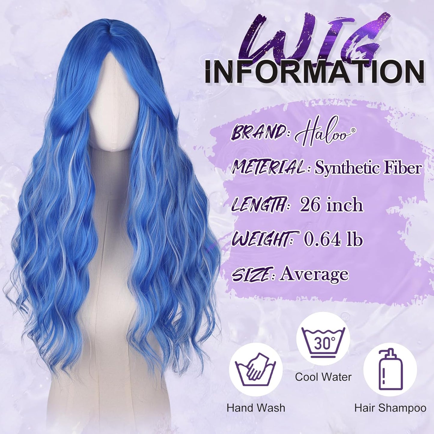 Blue Wigs with Curtain Bangs - Long Wavy Synthetic Hair Wig for Women | 26 Inch Blue Mixed Grey