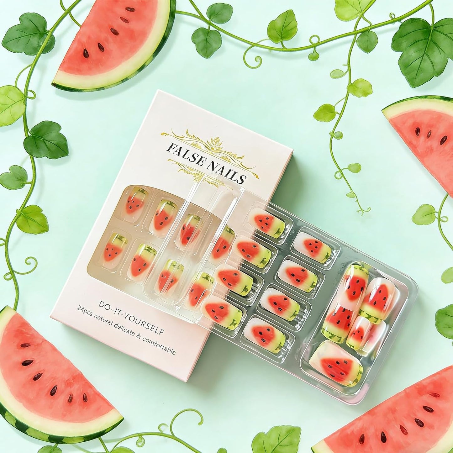 Press-On Nails - Medium Square Watermelon French Tips | Glossy Acrylic Full Cover, Reusable 24 Pcs for Women