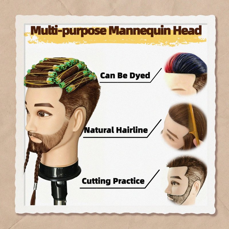 Czrleaty Mannequin Head Human Hair for Hair Styling, Barber Mannequin Head Male with 100% Human Hair and Beard Cosmetology Training Manikin Head for Hair Cutting