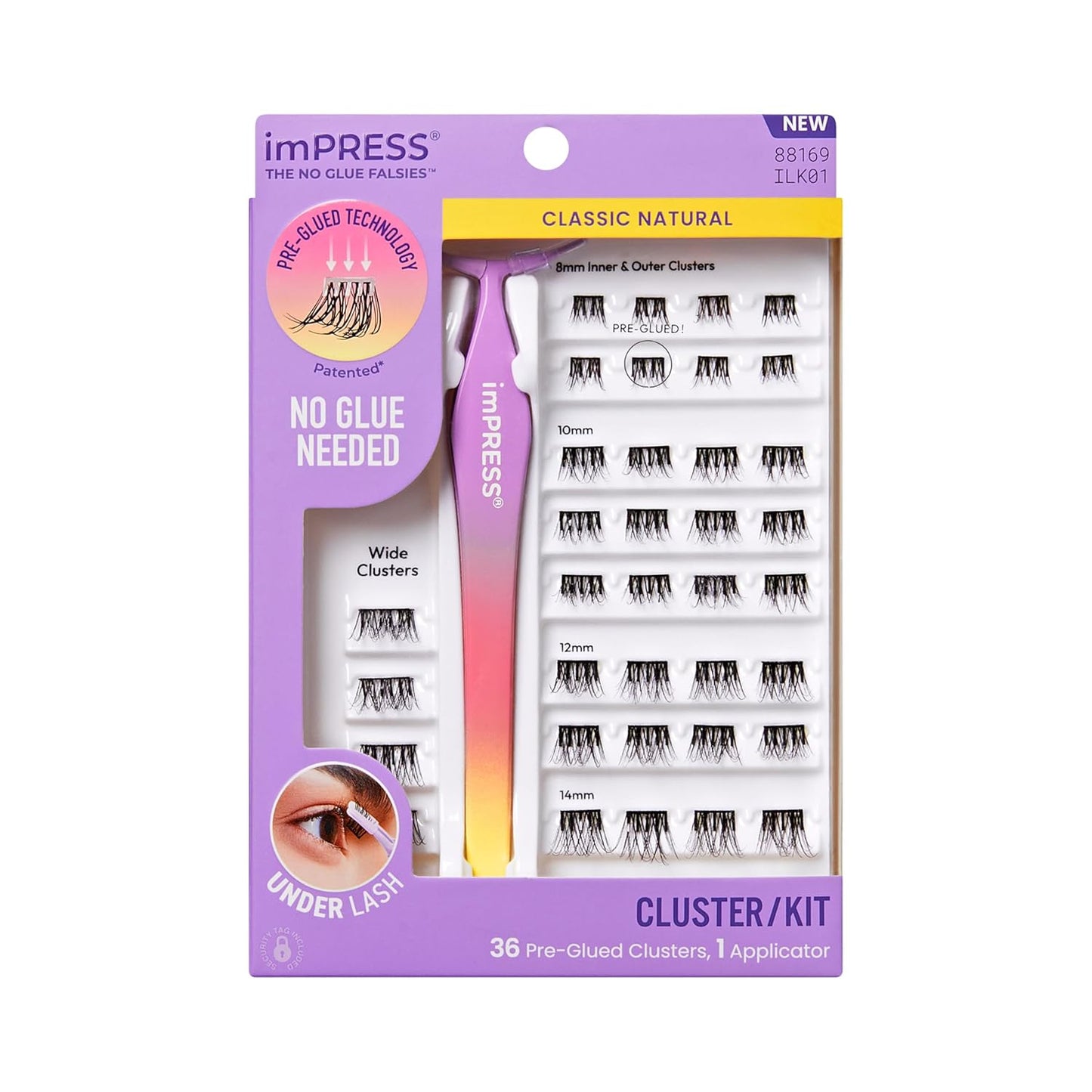 Kiss Impress Falsies Self-Adhesive Eyelashes - Glam Volume Lashes, 12mm-14mm, Black, No Glue Needed, 36 Clusters
