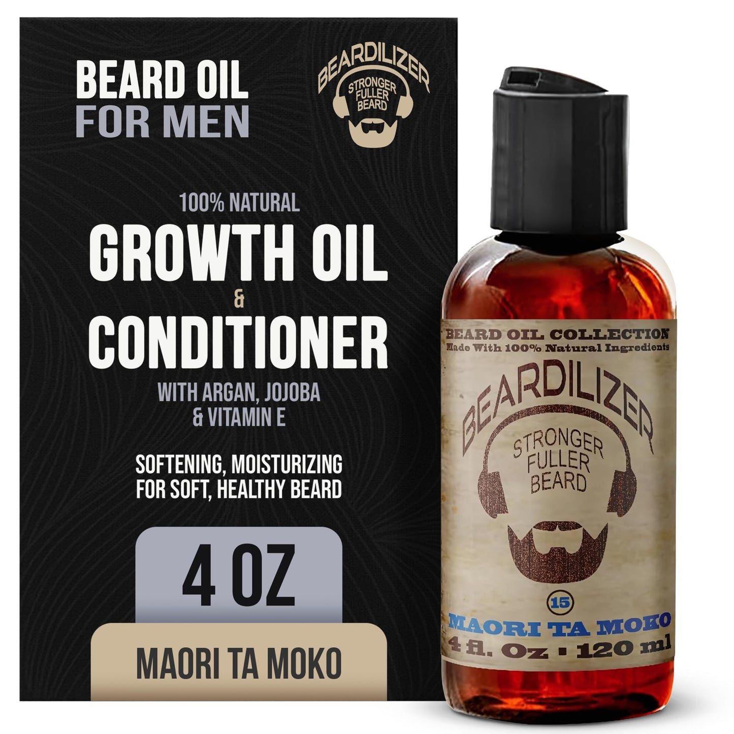 Beardilizer Maori Ta Moko Beard Oil for Men – 100% Natural Growth Oil & Conditioner with Argan, Jojoba & Vitamin E – Softening, Moisturizing for Soft, Healthy Beard – 4 Oz