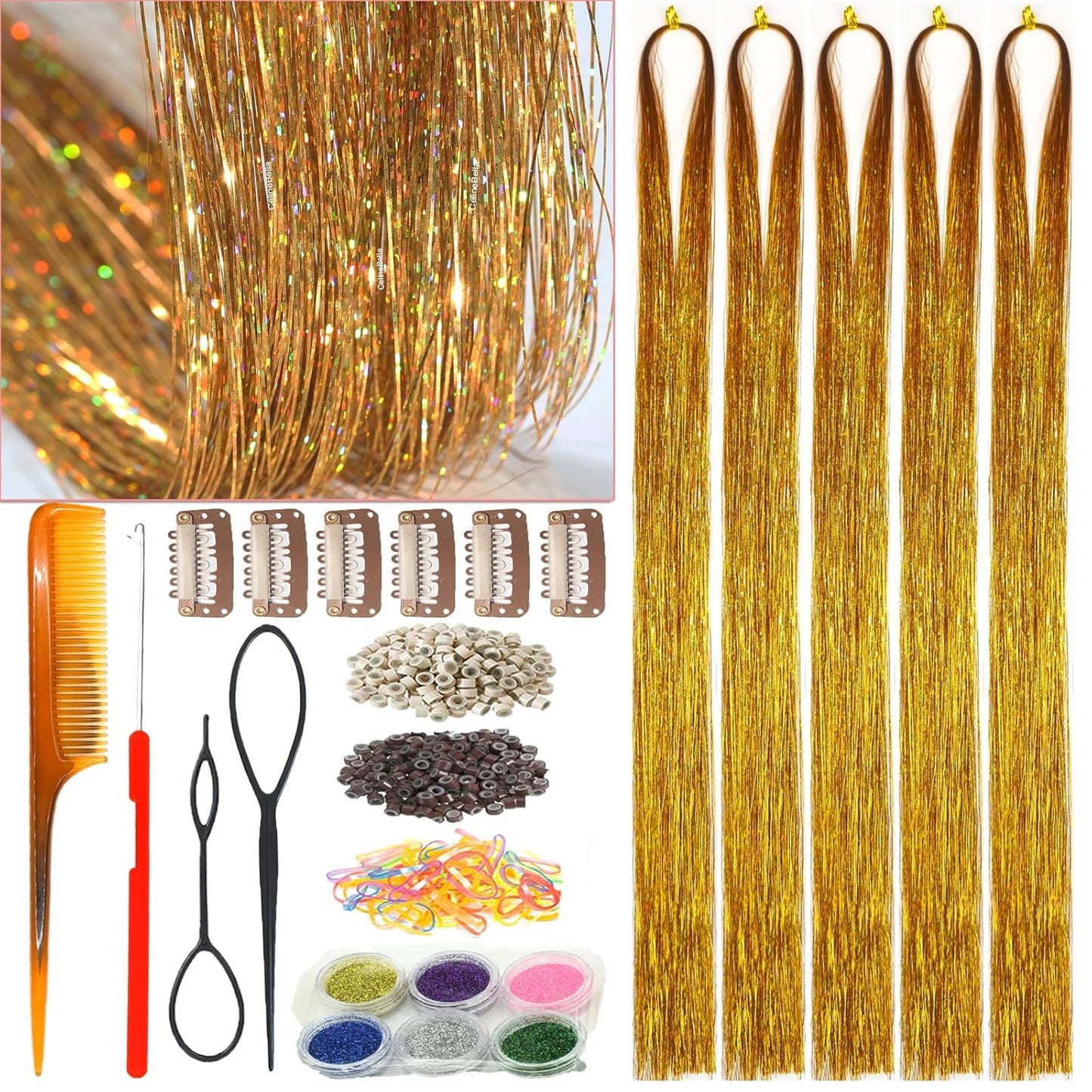 CelineBella Hair Tinsel - Emerald Green 48-Inch Glitter Strands | Sparkling Highlights for Parties & Cosplay