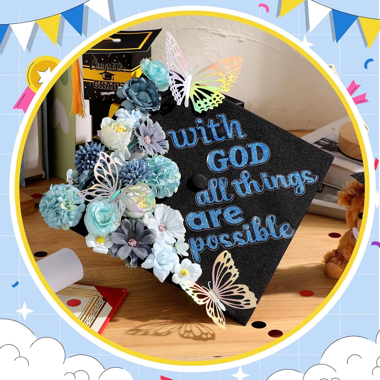 Graduation Cap Decoration Kit - 36 Pcs with Faux Flowers, Glitter Stickers & 3D Butterflies | Blue Inspirational Themes