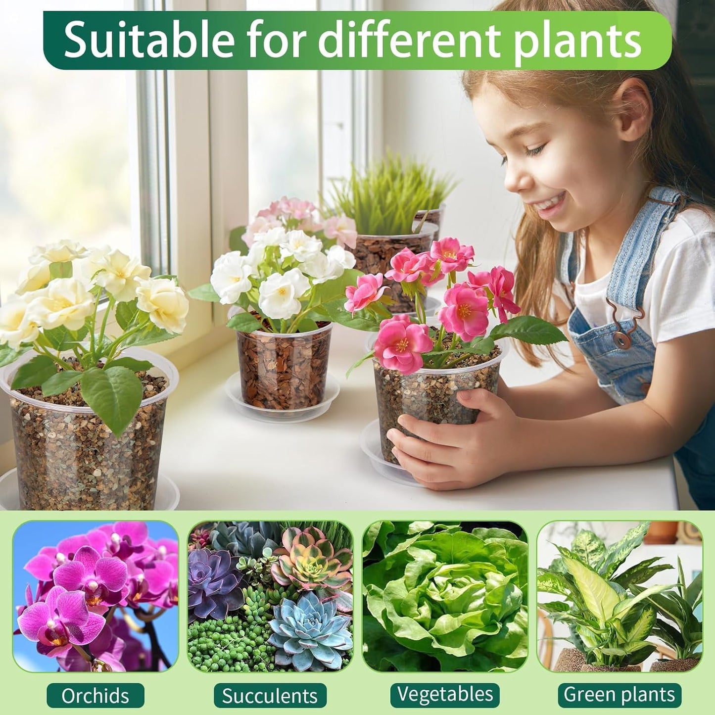 HQAUT 4/6/8/10 Inch Clear Nursery Pots with Drainage and Saucers, 24 Pack Clear Plant Pots, Variety Size Plastic Orchid Flower Pot for Indoor Outdoor