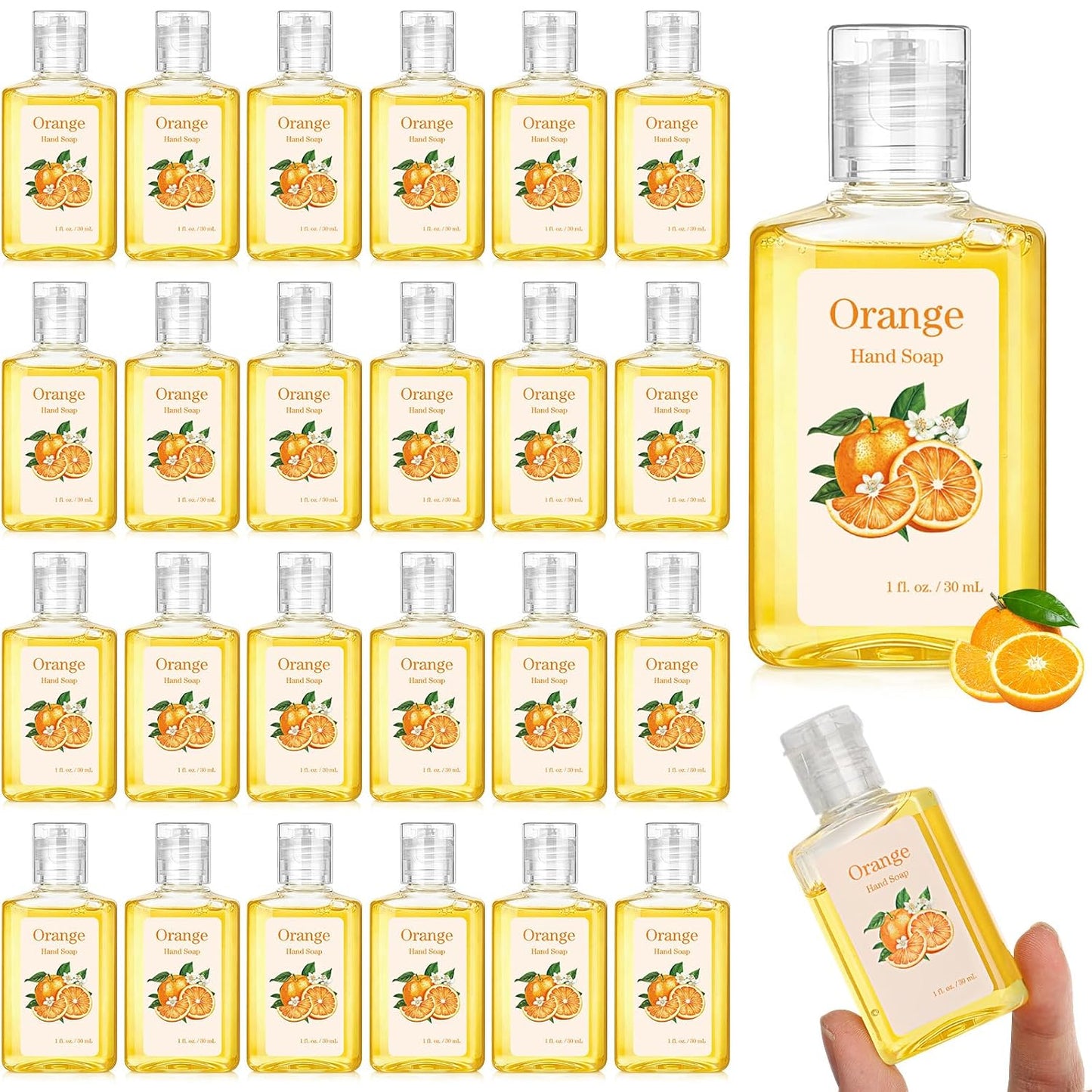 Travel Size Hand Soap - 24 Pack Mini Scented Foaming Sanitizer | 1fl oz Liquid Soaps for Hotels & Parties (Orange)