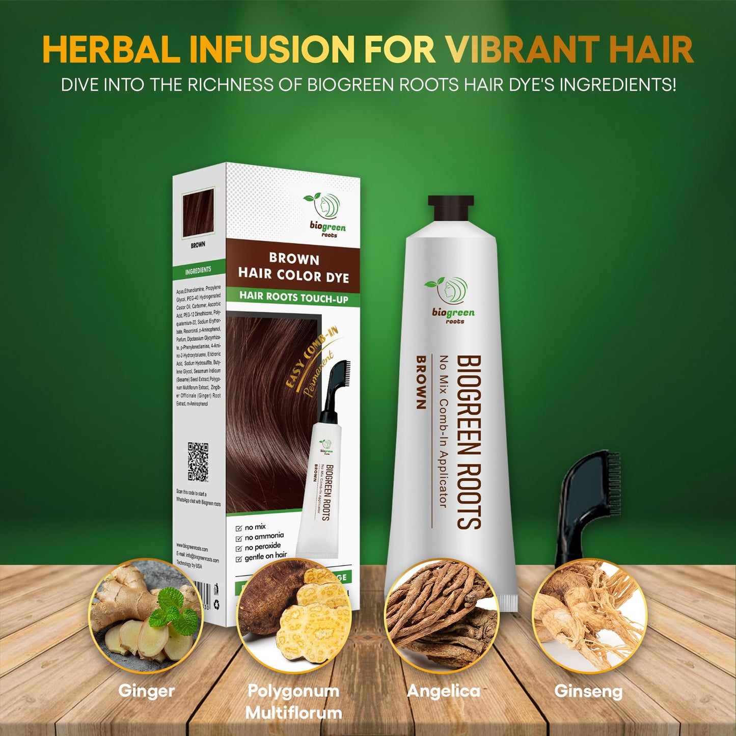 Biogreen Roots Ammonia-Free & Paraben Free Herbal Hair Dye for Women & Men– Gray Coverage with Natural Extracts – Nourishing Brown Hair Dye for Healthy Hair – Brown (150 ml)