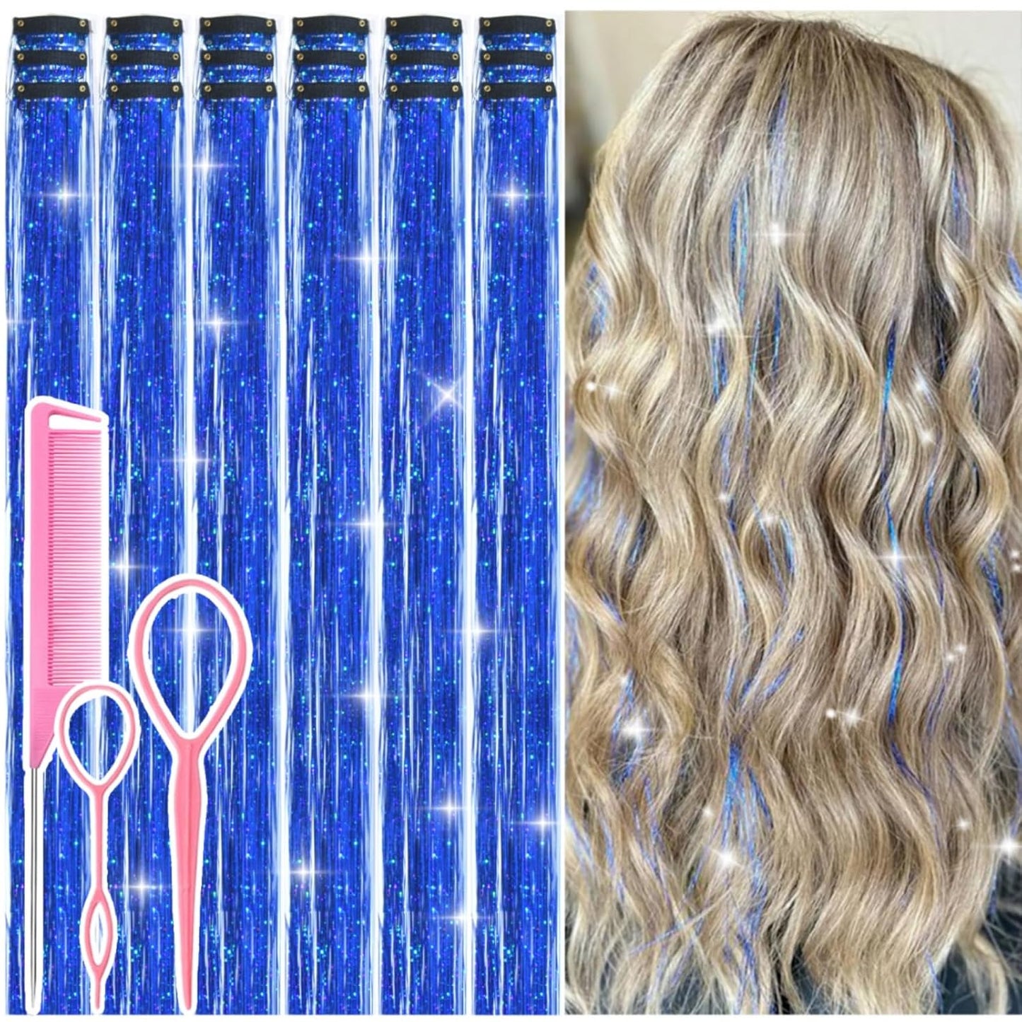 Hair Tinsel Kit - 12 Pcs 24 Inch Gold Glitter Clip-In Hair Extensions for Girls & Women | Perfect for Christmas & New Year Parties