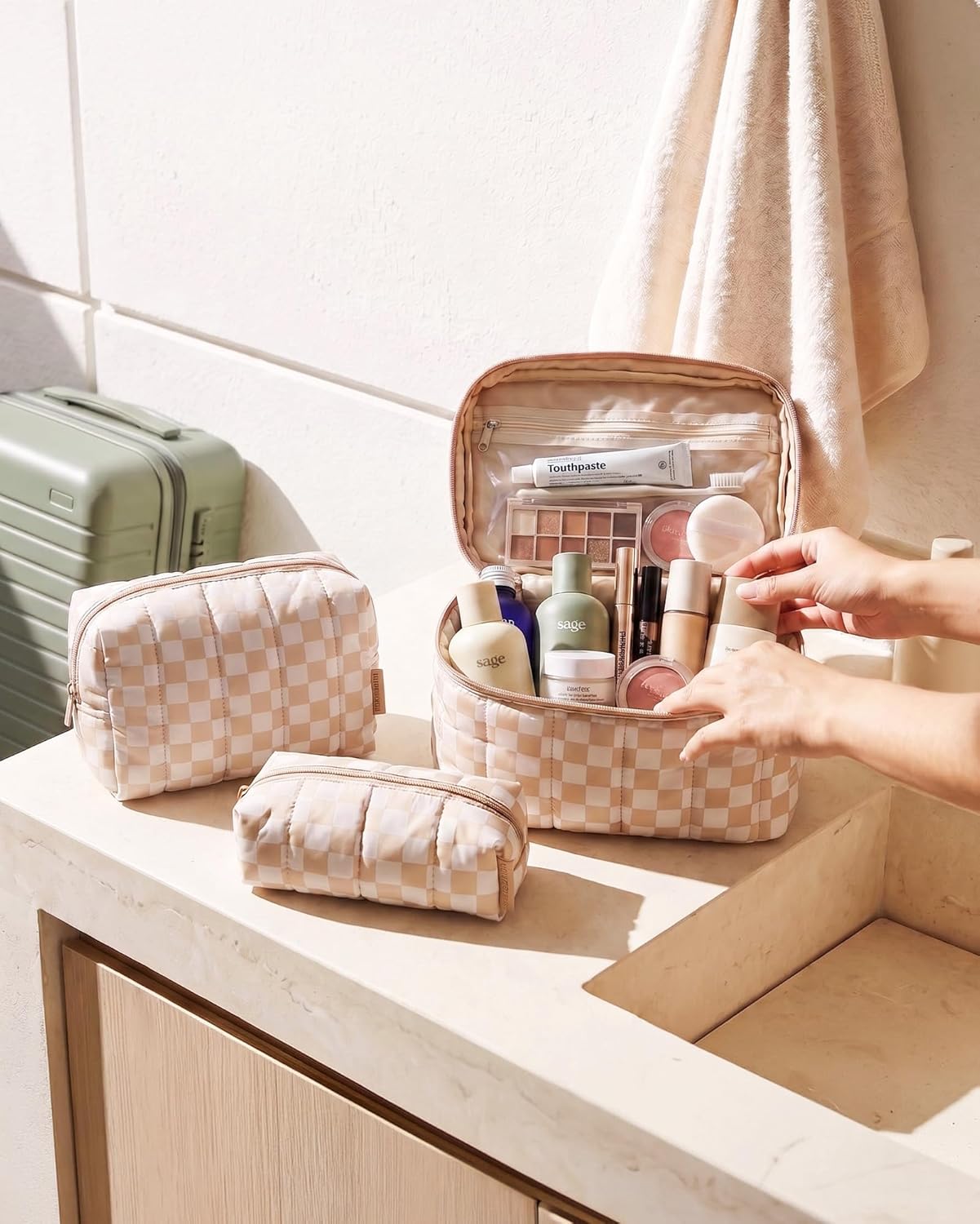 Travel Makeup Bag for Women - 3 Pcs Puffy Padded Cosmetic Organizer | Large Toiletry Case & Small Purse Pouch (Black)
