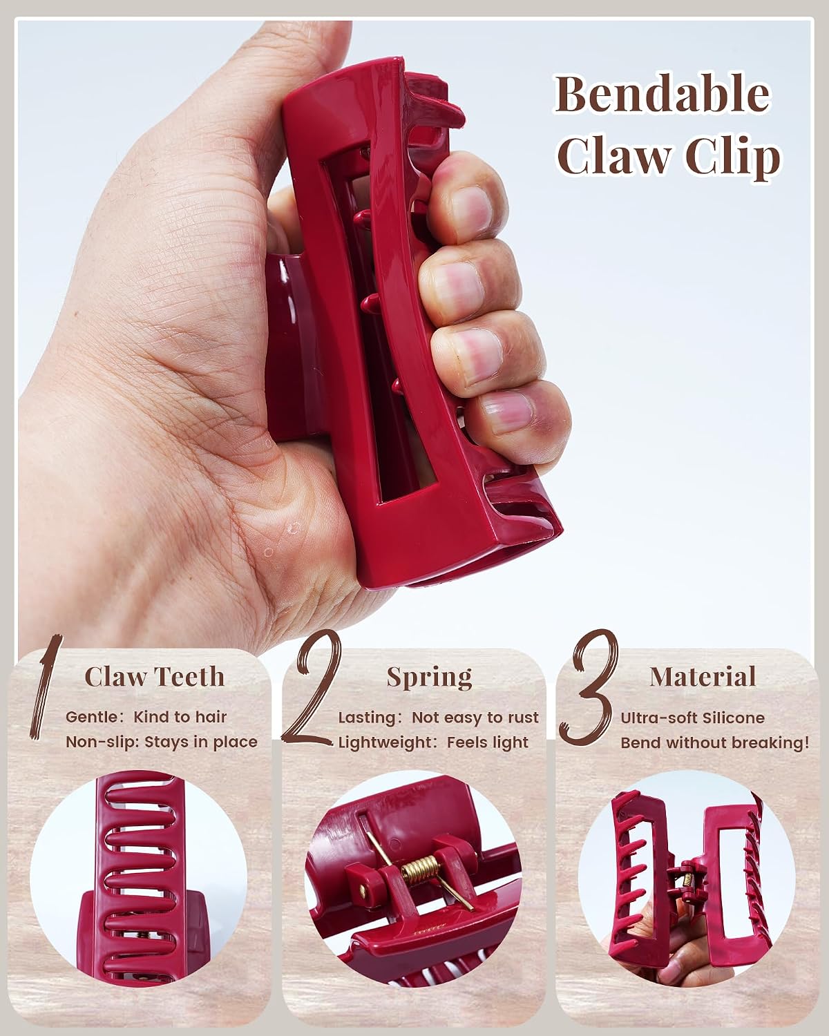 Silicone Flexible Hair Claw Clips - 4 Pack Nonslip Large Grip for Thin & Thick Hair | Black, Wine Red