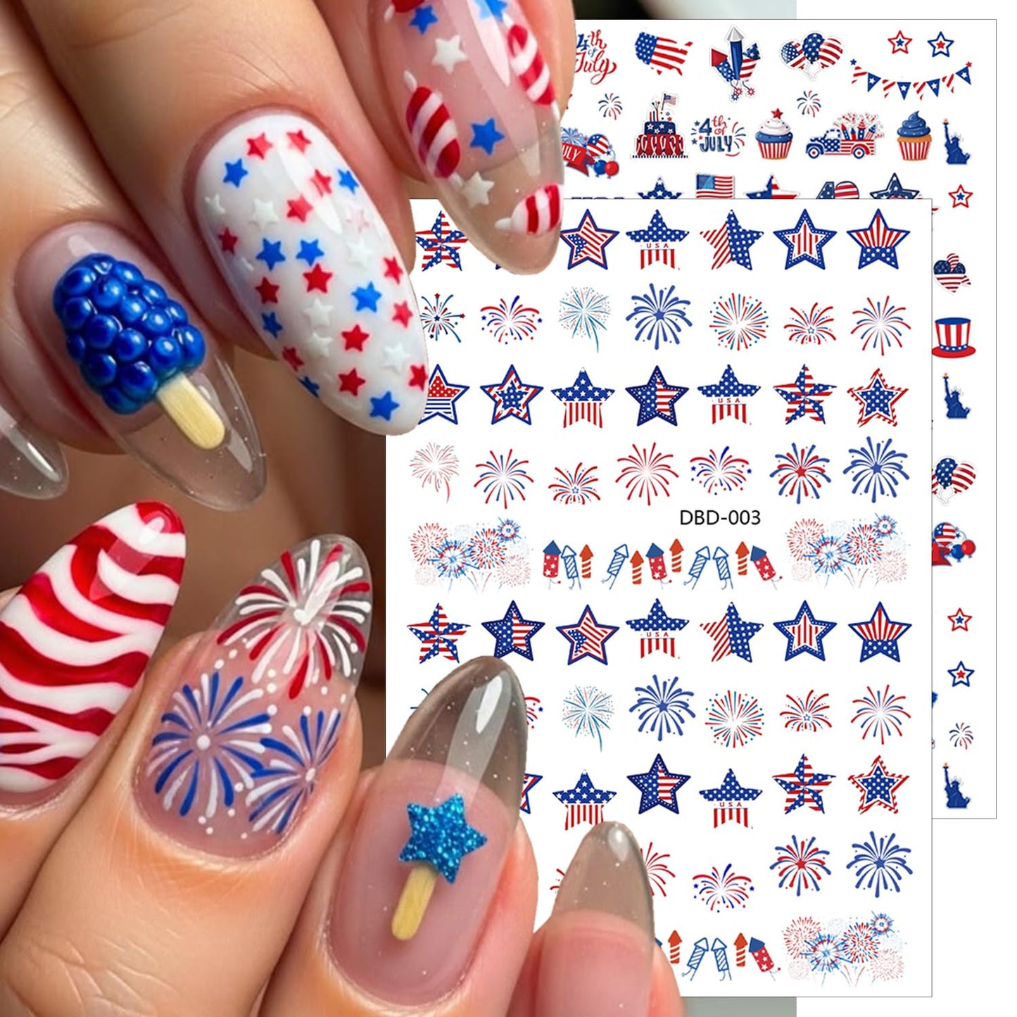6 Sheets 4th of July Nail Stickers for Nail Art 3D Self-Adhesive American Flag Nail Art Stickers Independence Day Star Rocket Nail Decals Fourth of July Patriotic Nail Design Stickers for Women