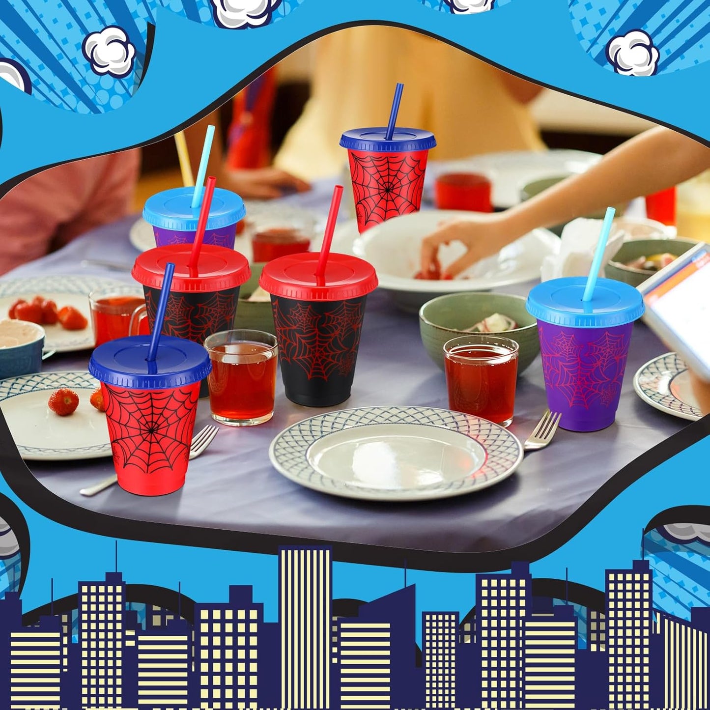 Spider Cups - 12 Pcs 16 oz Plastic Birthday Party Cups with Lids & Straws | Fun Spider Designs for Party Favors