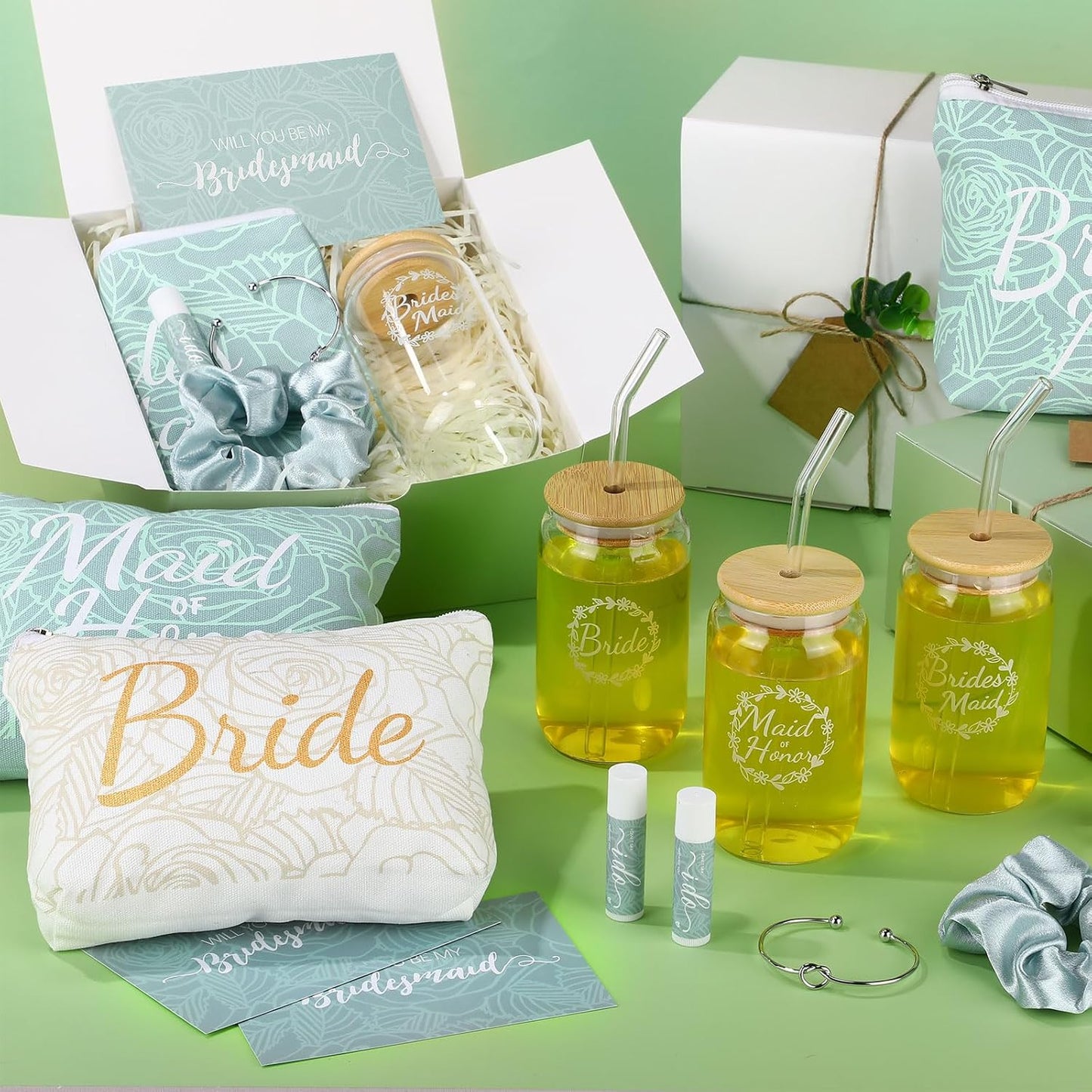 Bridesmaid Proposal Gifts - 54 Pcs Set with Makeup Bag, Glass Cup & Bracelet | Green & White
