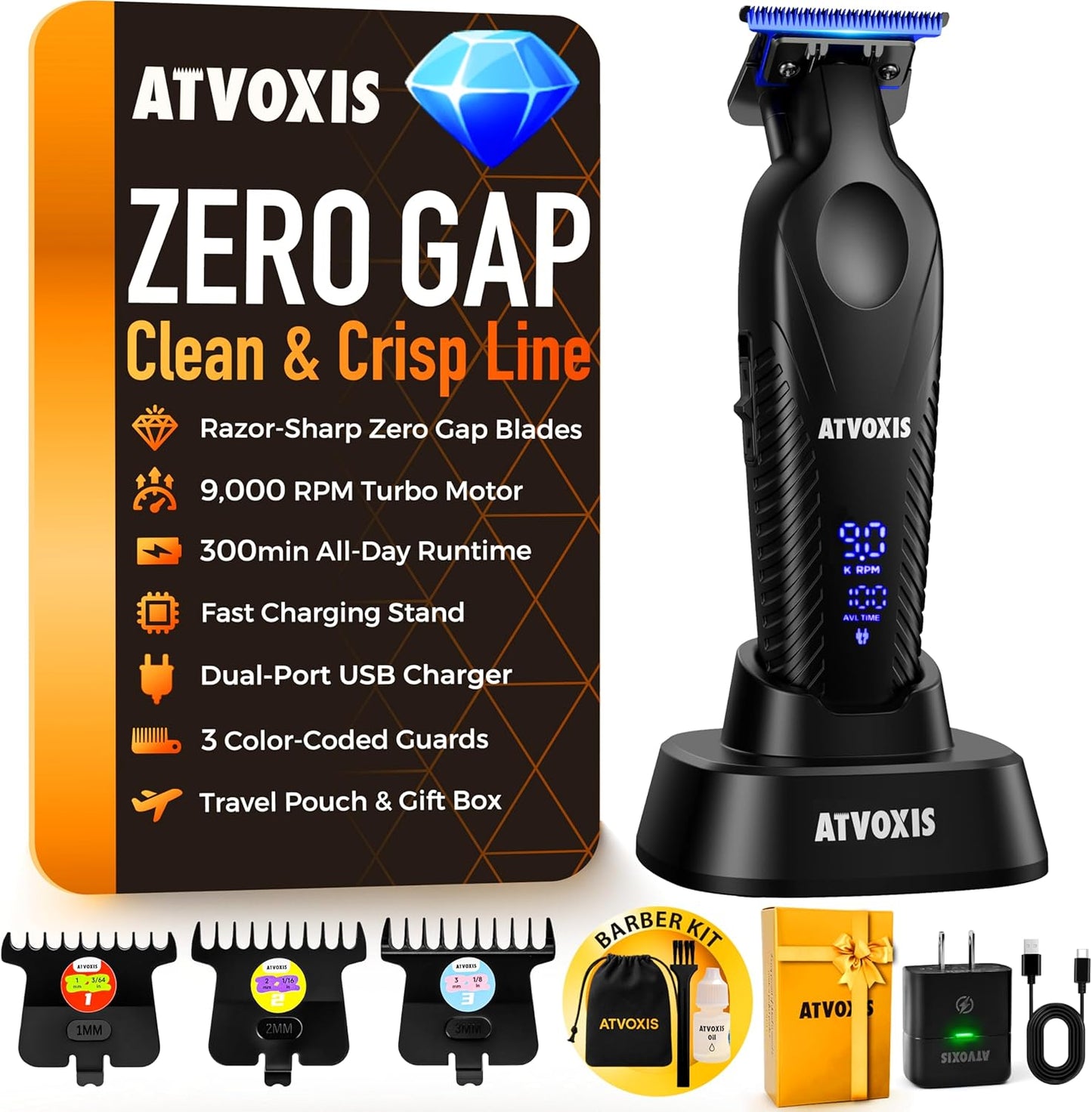 Professional T Blade Trimmer for Men - Zero Gap 9,000 RPM Cordless Hair & Beard Clipper | LED Display, 300 Min Runtime, Travel Pouch