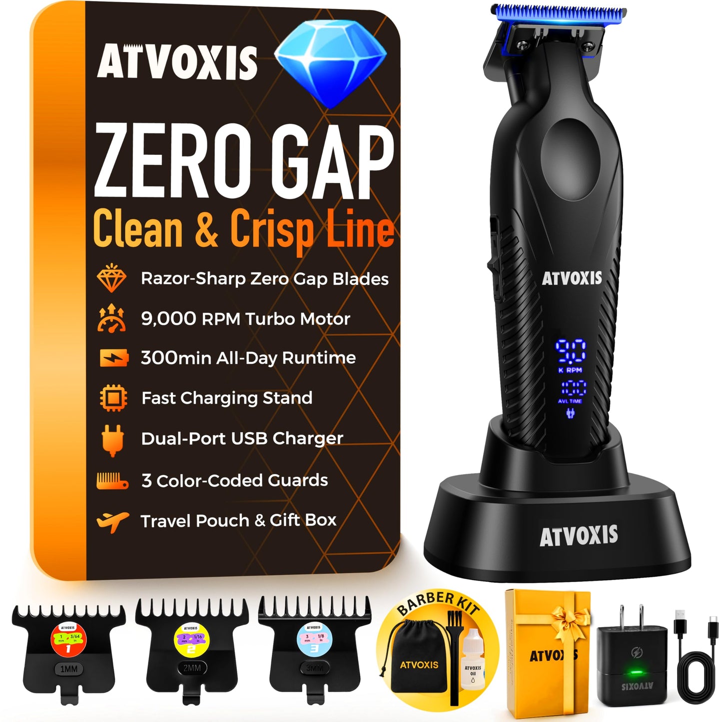 ATVOXIS Zero Gap 9,000 RPM Brushless Professional T Blade Trimmer for Men: Cordless Hair/Beard Clipper Edger Liner Outliner with LED Display 300min Runtime Fast Charging Stand Travel Pouch