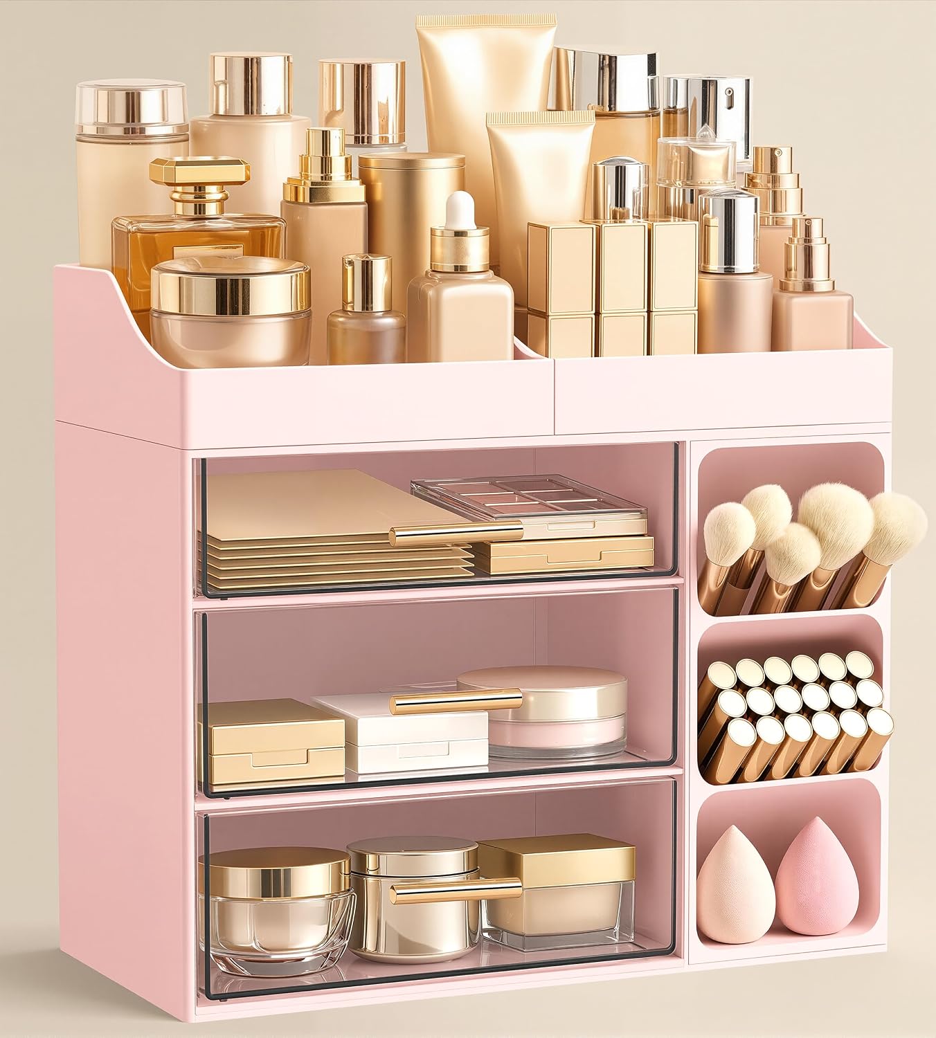 Makeup Organizer with Brush Holder - Large Bathroom Countertop Storage | Pink Dresser Organizer for Vanity