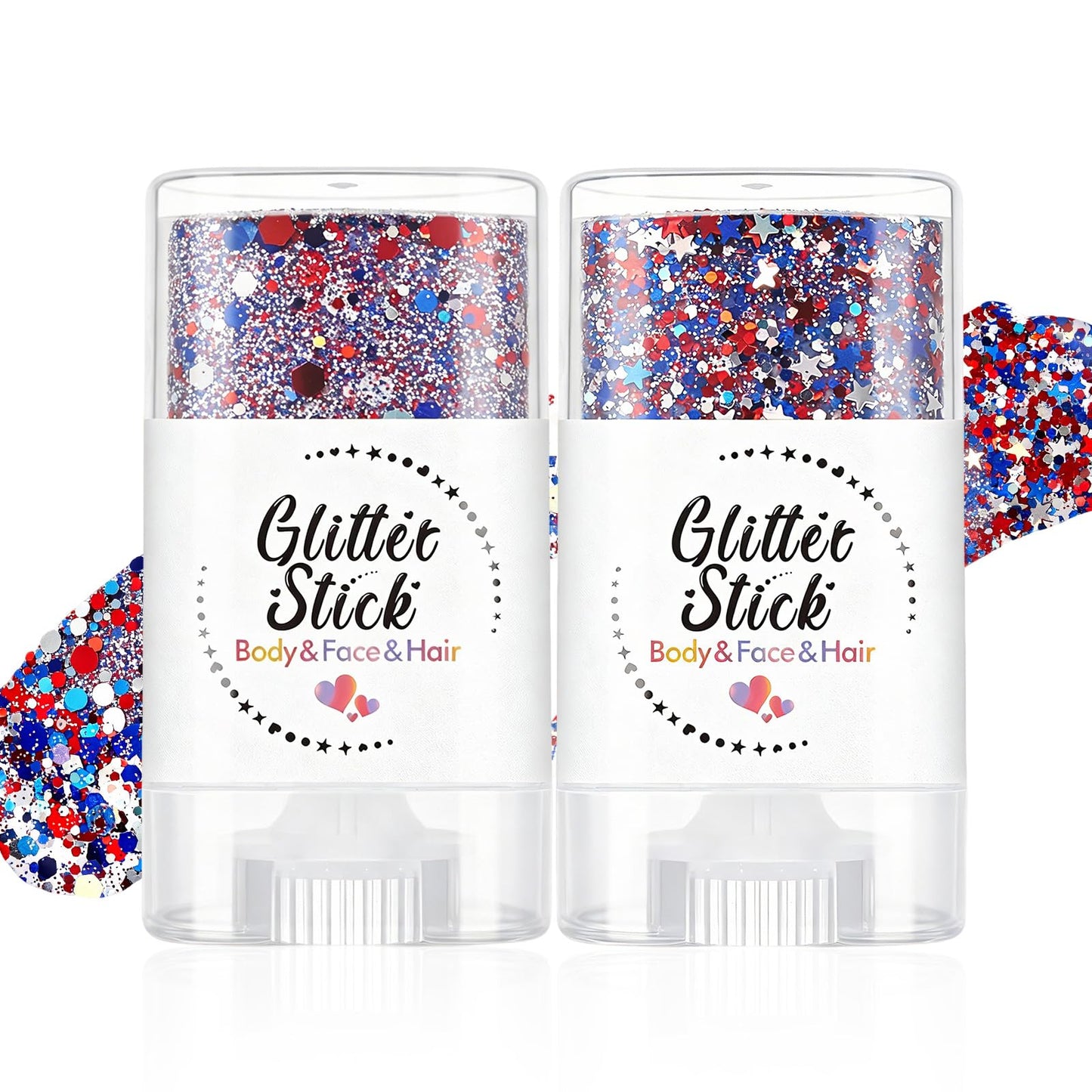 2PCS Red White and Blue Hair Glitter Stick, 4th of July USA Flag Face Body Glitter, Waterproof Patriotic Makeup for Independence Day & Football Game, Sparkling Face Paint for Women