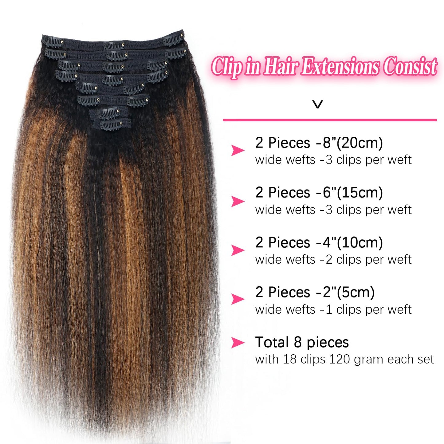 F1B/30 Omber Kinky Straight Clip in Hair Extensions Real Human Hair For Women Highlight Hair Extensions Kinky Straight Clip ins(20inch,T1BP1B/30)