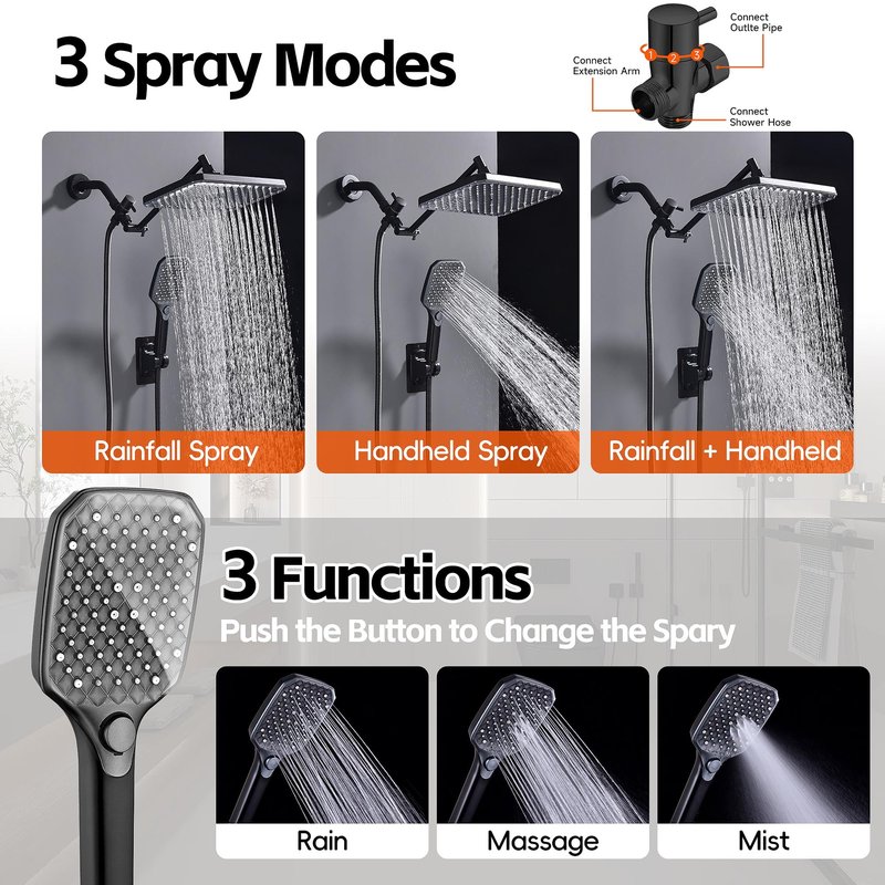 XXL 12.2" Rain Shower Head with Handheld Spray Combo, High Pressure Rainfall Shower Head, Height Adjustable Dual Shower Head, Luxury Waterfall Showerhead Bathroom