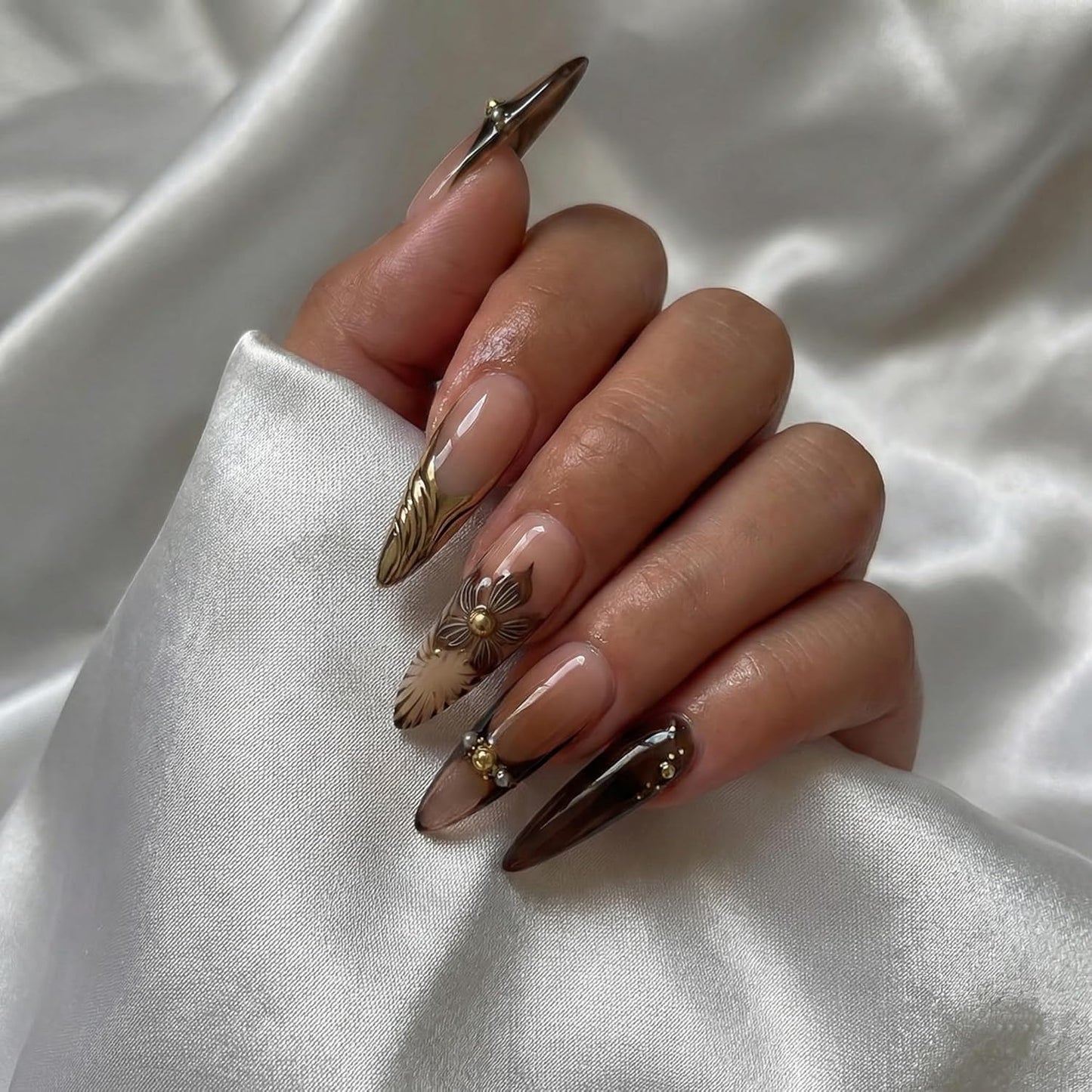 Almond Press-On Nails - Ombre French Tip with Butterfly Designs | 24 Pcs Set for Women