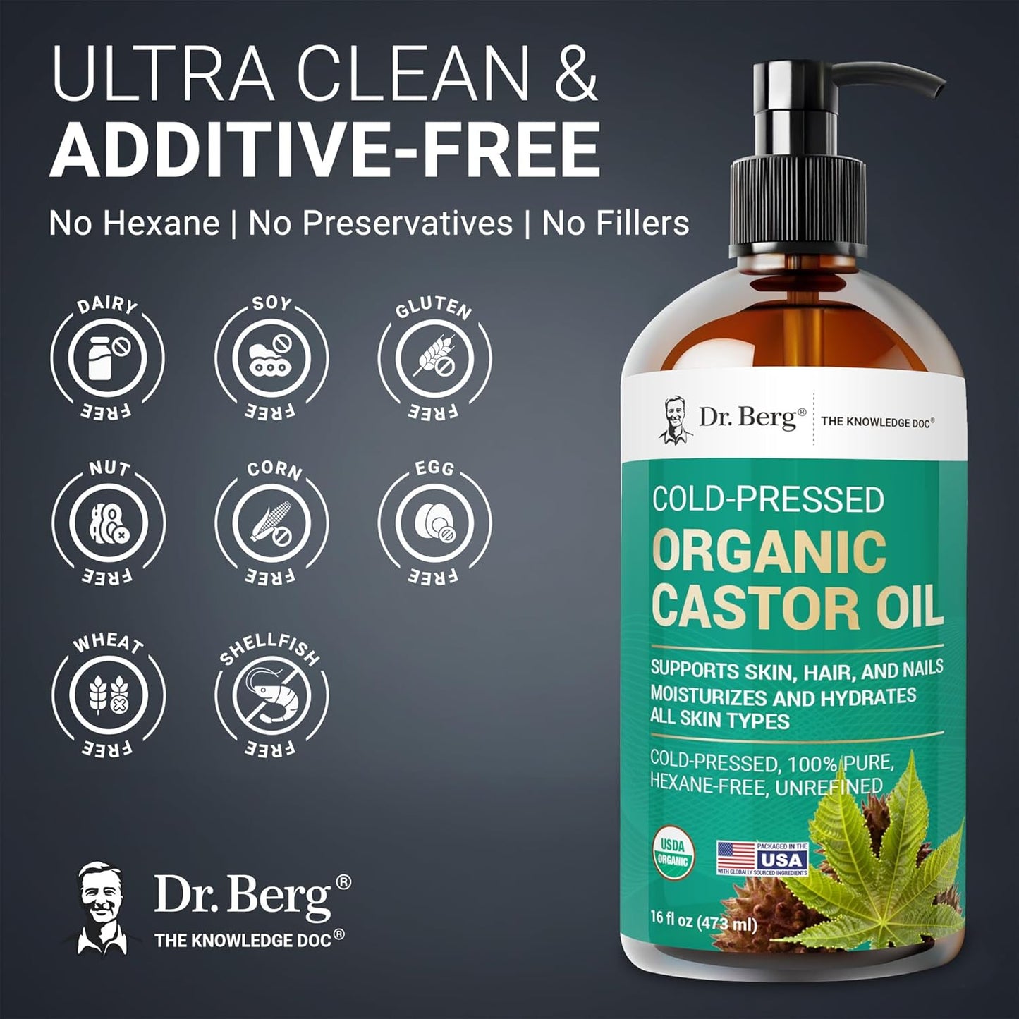 Organic Castor Oil - 16 fl oz Cold-Pressed Pure & Unrefined | USDA Organic, Lab Tested, Glass Bottle