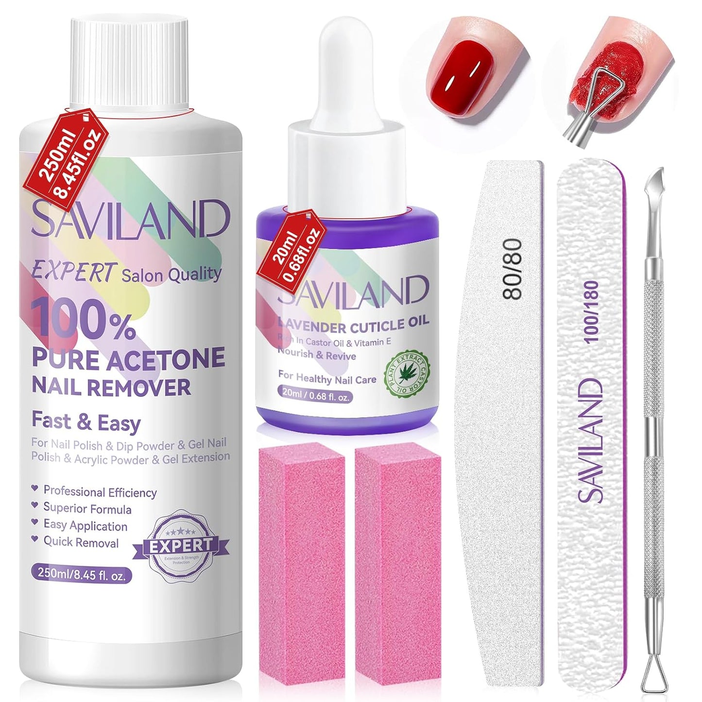SAVILAND Pure Acetone Nail Polish Remover Kit - 8.45oz Gel & Acrylic Remover with Cuticle Oil, Files & Scraper for Easy Home Use