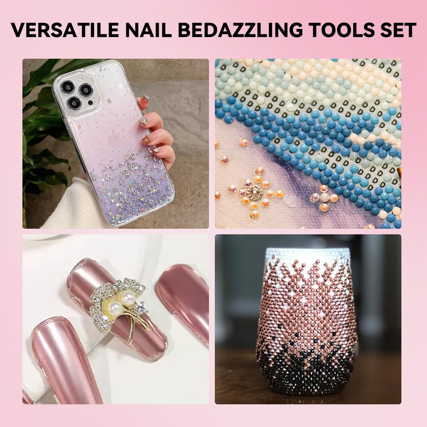 ESUOHYM 9 PCS Rhinestone Picker Tool Set, Refillable Wax Pencil for Rhinestones Bedazzling Pen Gems Picker Up Tools Diamond Art Tray Tweezers With Silicone Press Heads, Nail Art Tools for Diy Design