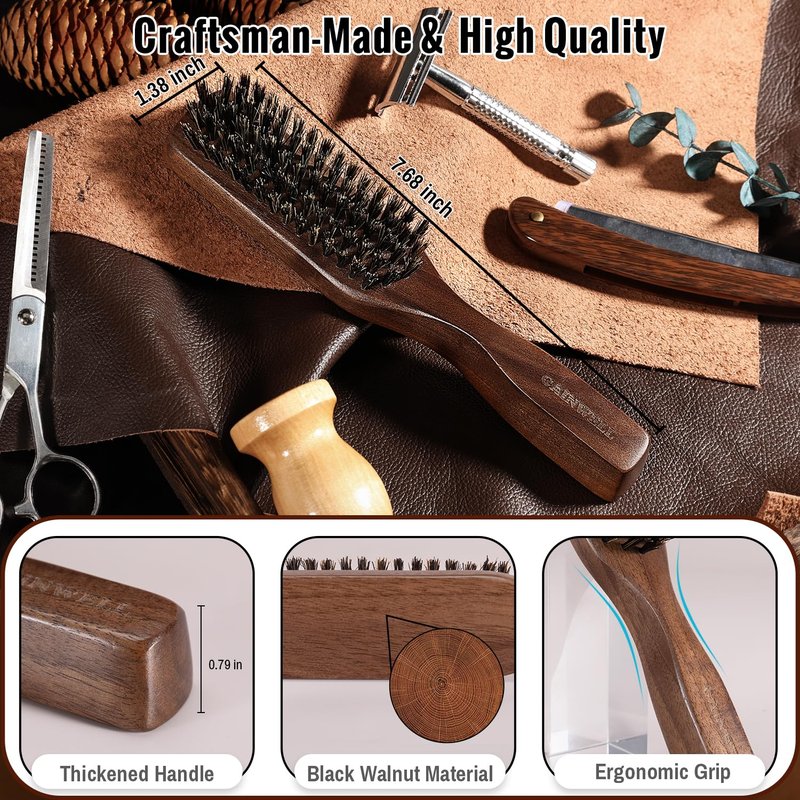 GAINWELL Mens Wild Boar Bristle Hair Brush for Men, Slick Back Hair Brush with Stiff Bristles for Thick Hair, Beard Brush Natural Black Walnut Wooden Handle Hairbrush