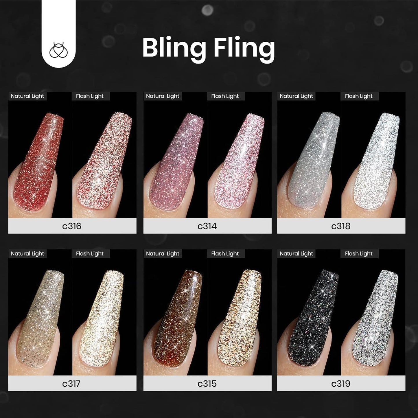 Beetles Glitter Gel Nail Polish, 6 Colors Holographic Sparkle Shimmer Gel Polish Flash Diamond Sliver Gold Red Black UV LED Soak Off Manicure Gift for Women