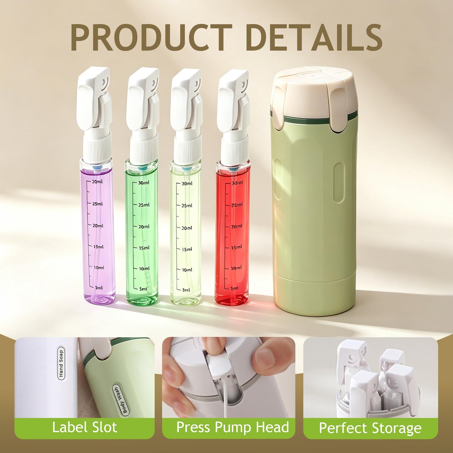4 in 1 Travel Dispenser Bottle, 4 Pack 30ml Portable Leakproof Rotatable Travel Dispenser Set with Label, Suitable for Storing Shower Gel, Shampoo, Laundry Detergent, for Travel, Camping (Green)