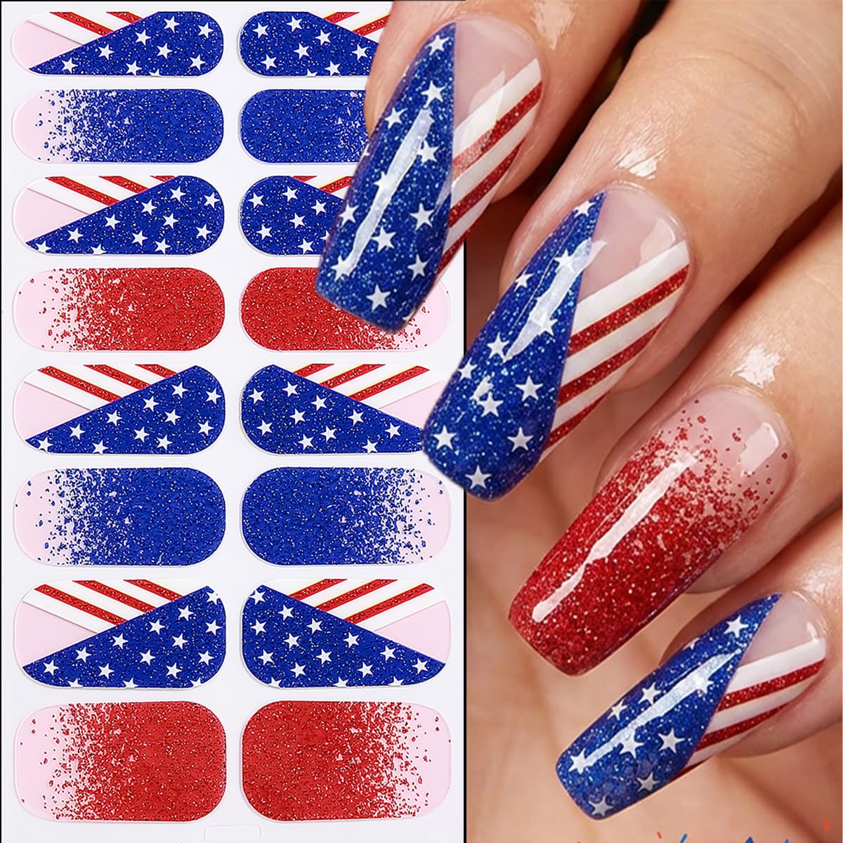 4Sheets 4th of July Gel Nail Strips Stickers Independence Day Full Wrap Nail Stickers American Flag Star Design Patriotic Nail Polish Strips 3D Self Adhesive Summer Holiday Nail Wraps Decals for Women