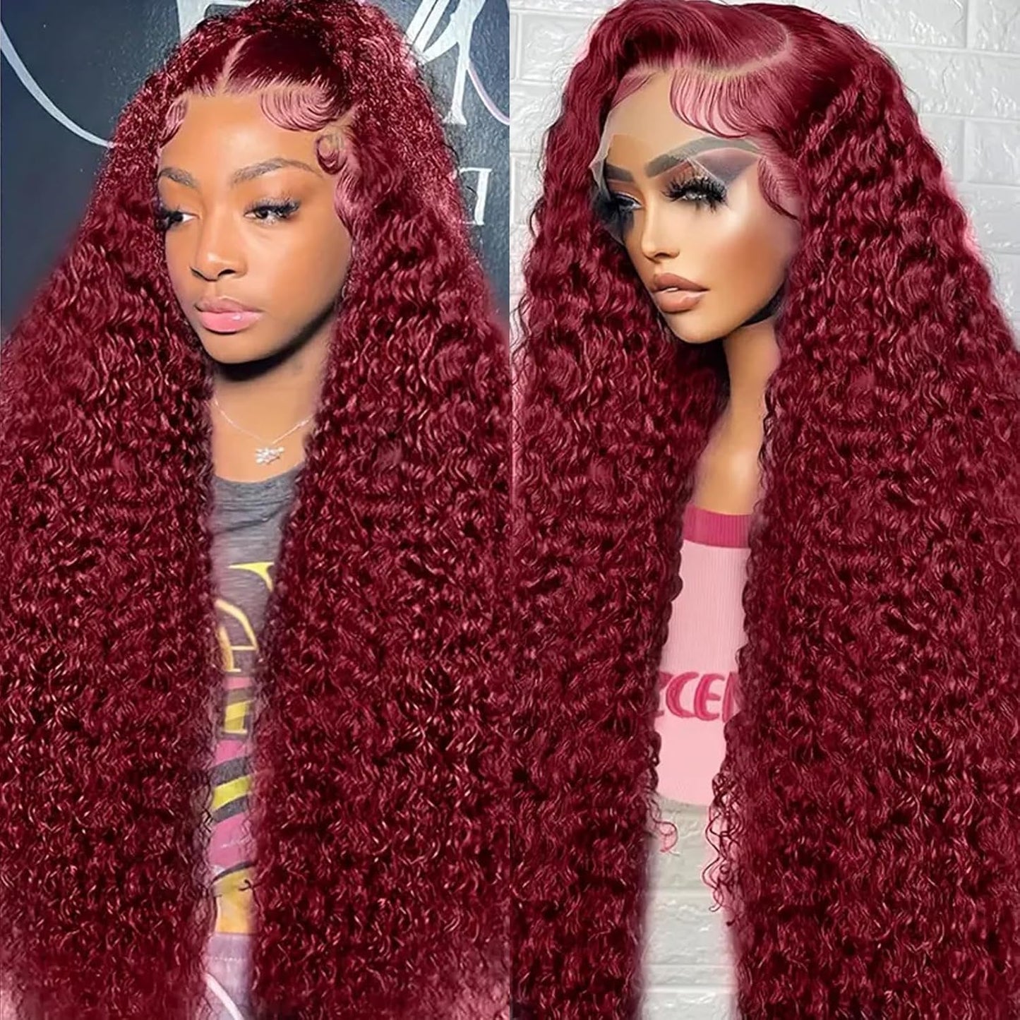 Burgundy Human Hair Wig - Water Wave Lace Front, 26-Inch 99J Deep Wave for Women | HD Transparent 13x4