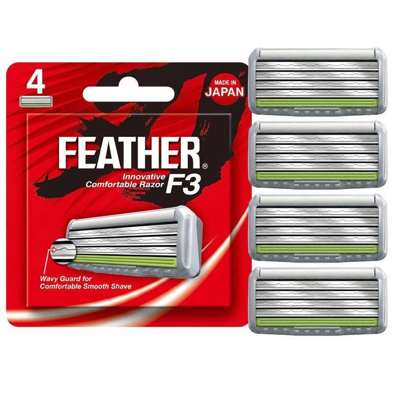 Feather - F3 Razor Blades Refills - Wavy Guard with SiC Ceramic Technology for Smooth Shave - Reduces Irritation and Razor Burns - Innovative Comfortable Blades for Sensitive Skin - 4 Pack