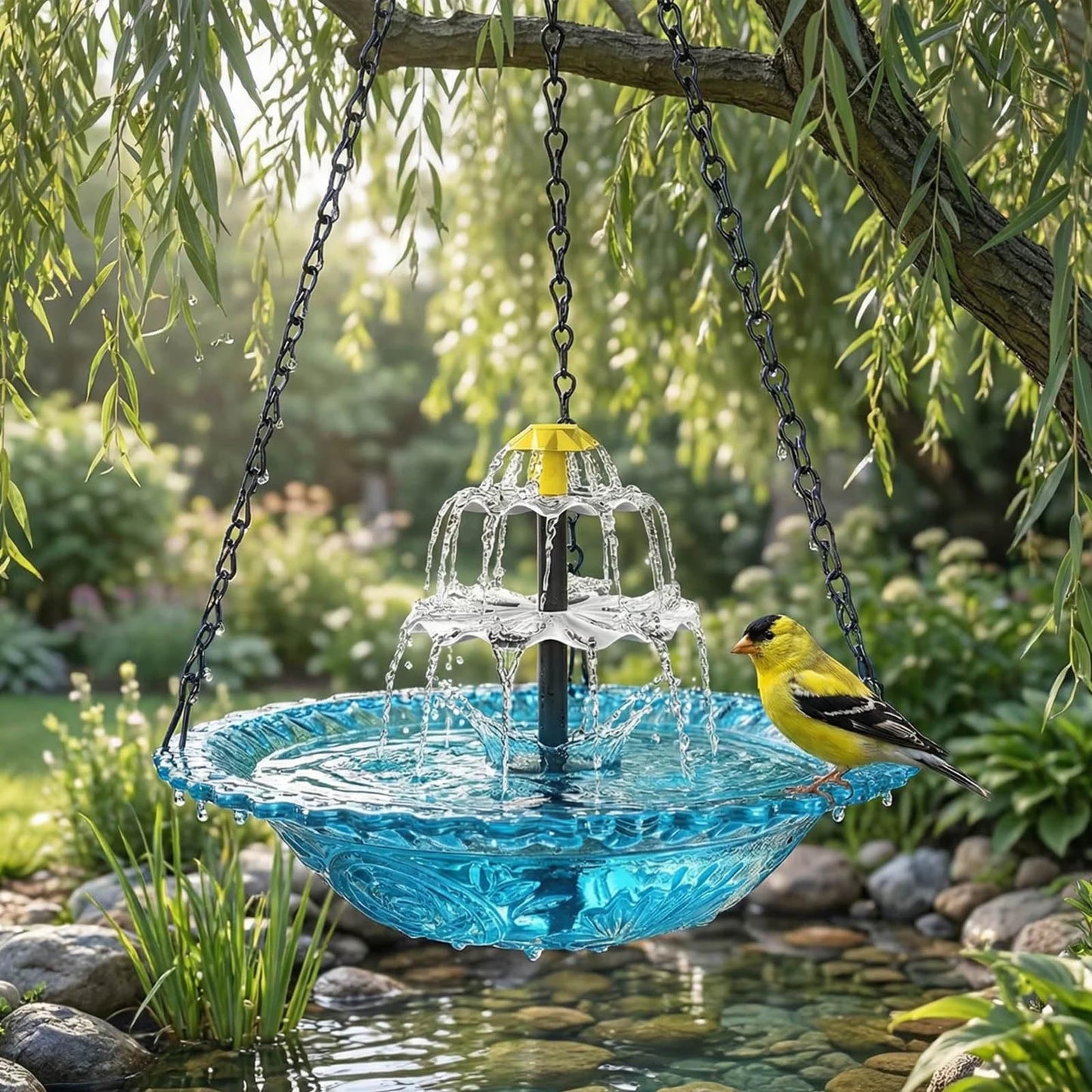 2026 Solar Cascade Hanging Bird Bath Fountain, Solar Powered Birdbath Water Fountain Pump Dispenser, Outdoor Decor Hummingbird Bath Shower Bowl Kit, Garden Gift for Yard Patio Decoration (Blue)