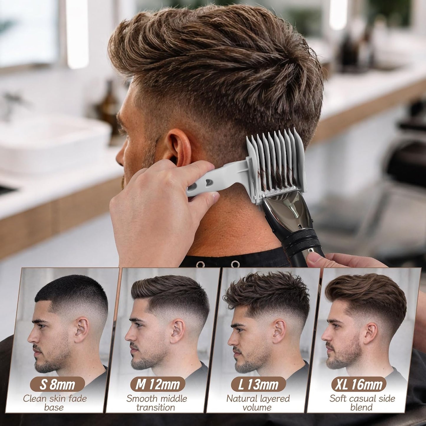 4-in-1 Detachable Fade Comb Set - Professional Barber Combs for Men’s Fade Haircuts | 4 Sizes, Easy Snap-On, Grey