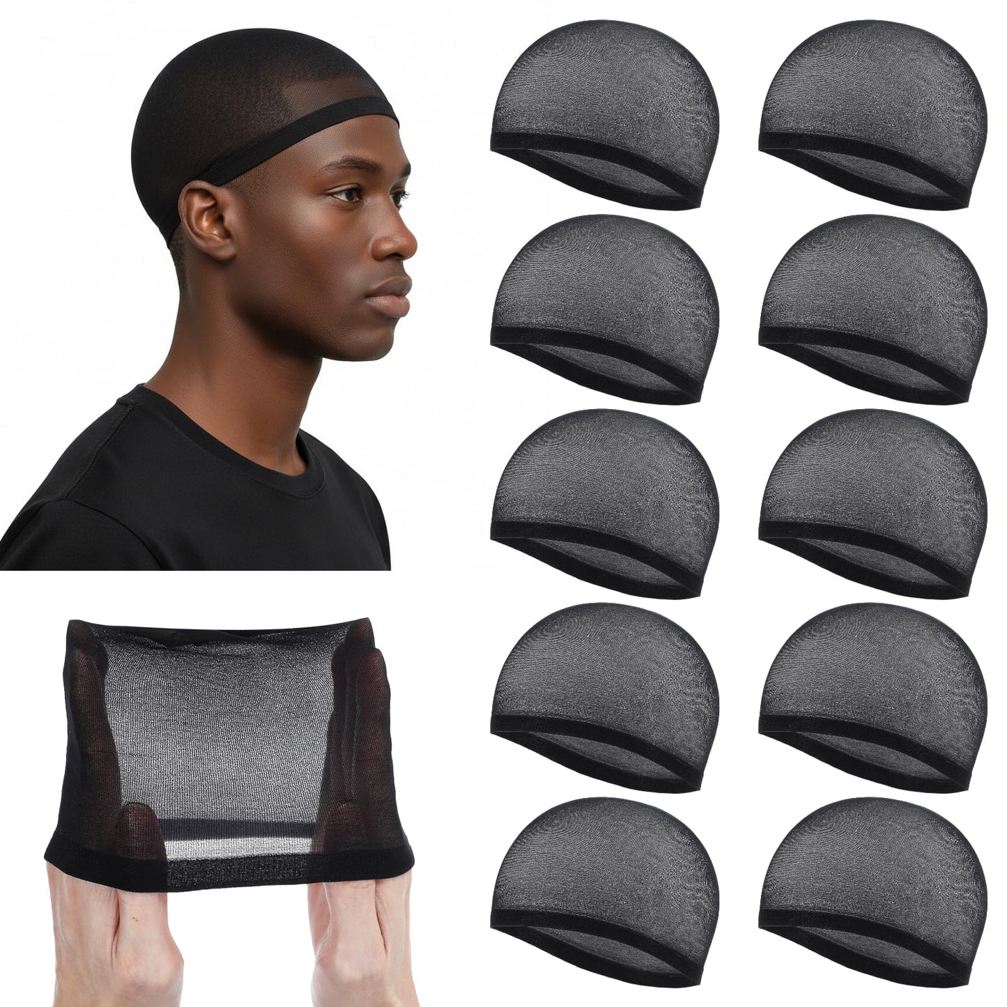10Pcs Wave Caps, Stocking Wave Cap for Men Stretchy Wig Cap for Women, Lightweight Beanie for Quick Waves Hairnet for Men & Women, Comfortable Fit, Black