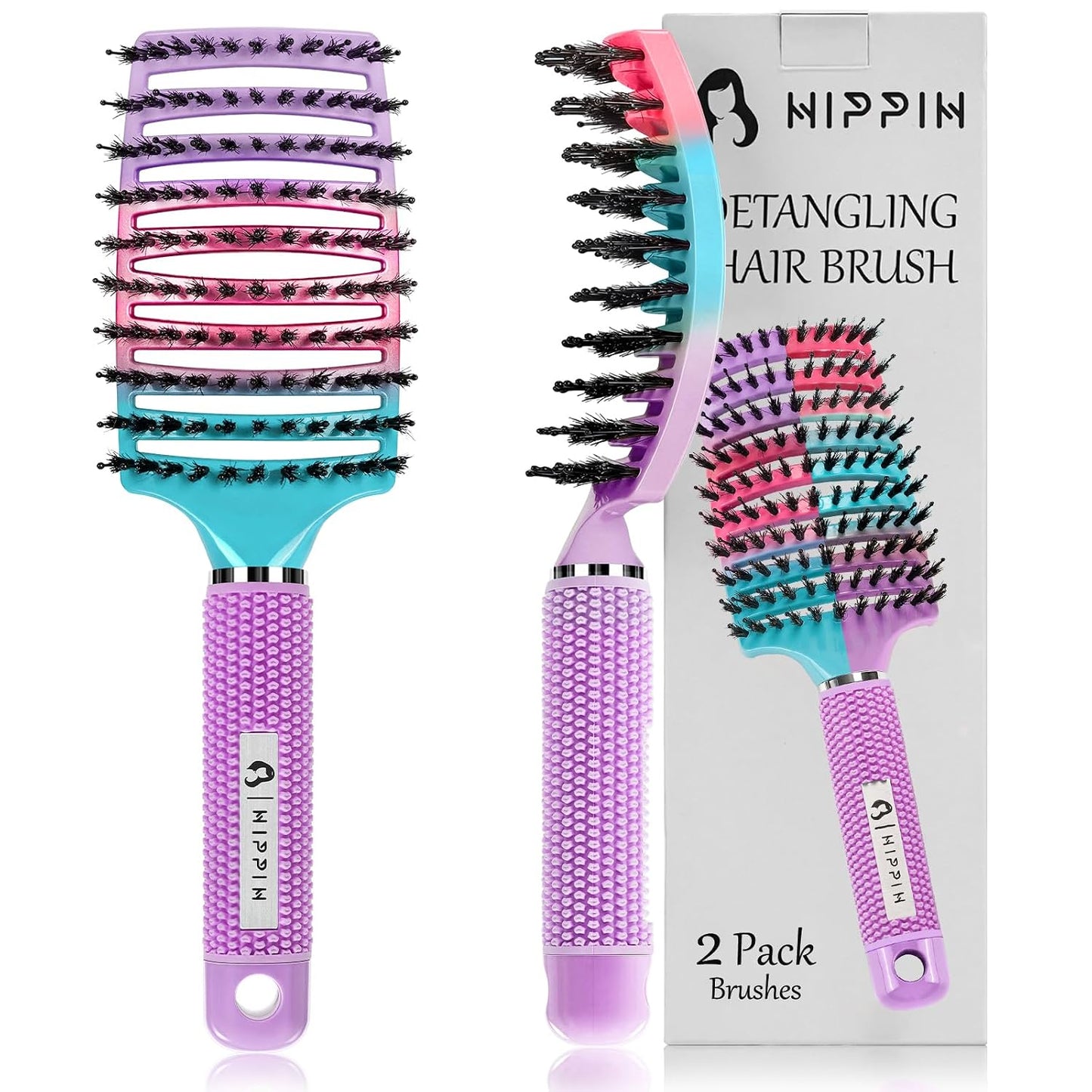 Boar Bristle Hair Brush Set - Curved Vented Detangler for Kids & Men | Adds Shine to Thick Curly Hair