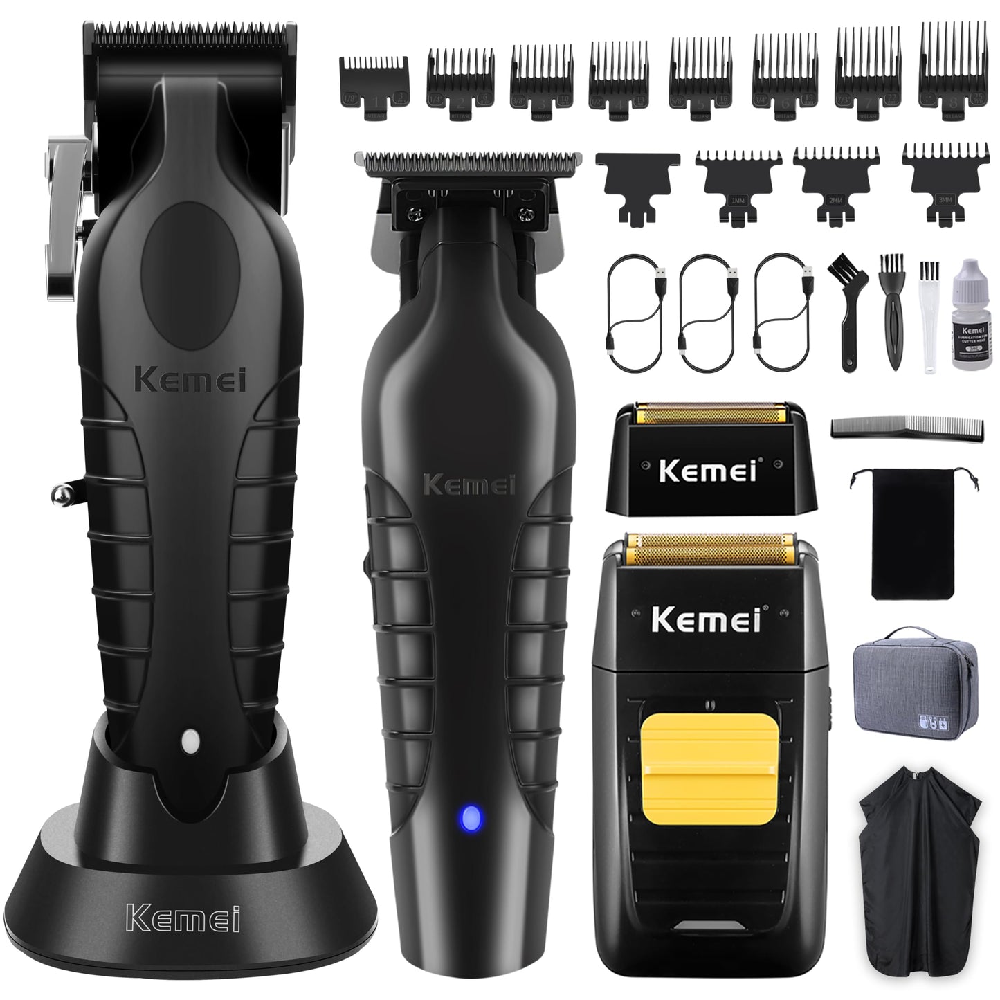 KEMEI Professional Hair Clipper and Trimmers Set, Cordless Barber Clippers, Beard Trimmer, Electric Foil Shaver with Replacement Heads, KM-PG2299, KM-2296, KM-1102