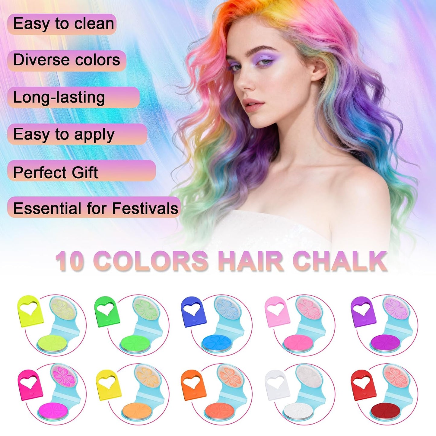 Temporary Hair Chalk - UV Glow Neon Hair Dye Kit for Women | 10 Washable Colors for Parties & Cosplay