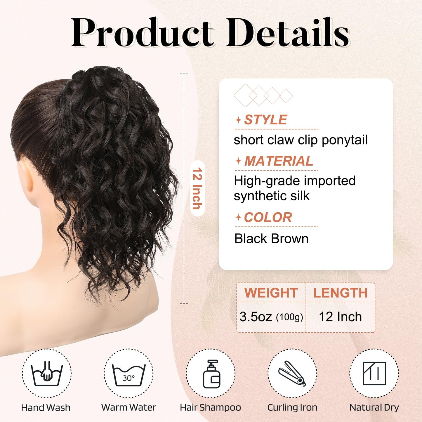 Flufymooz Ponytail Extension, 12" Short Claw Ponytail Extension Wavy Curly Jaw Clip in Pony tails Hair Extension Natural Synthetic Hairpiece for Women (Black Brown)