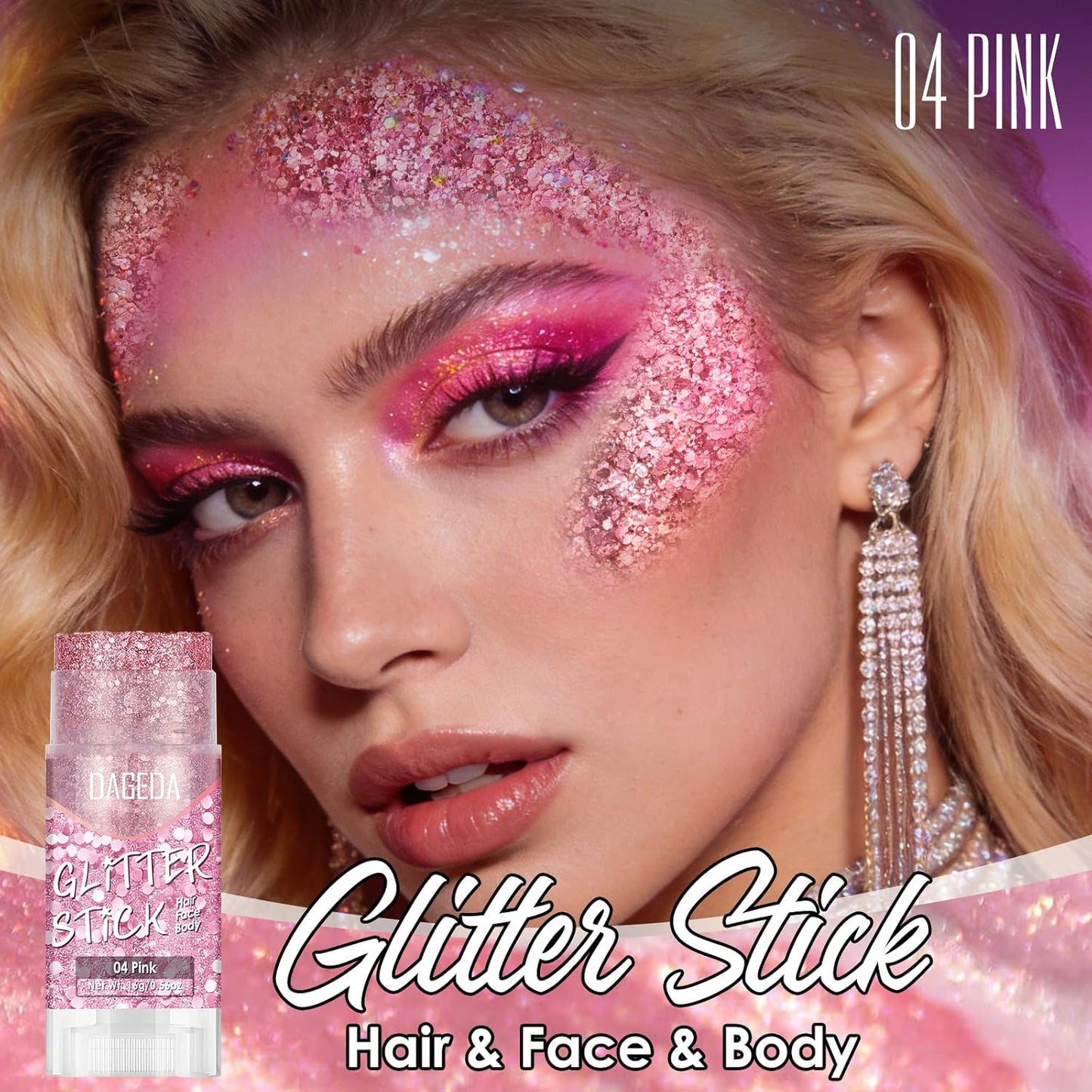 Pink Body Glitter Stick - Chunky Holographic Face Glitter for Rave & Festival Makeup | Perfect for Concerts & Carnival Outfits