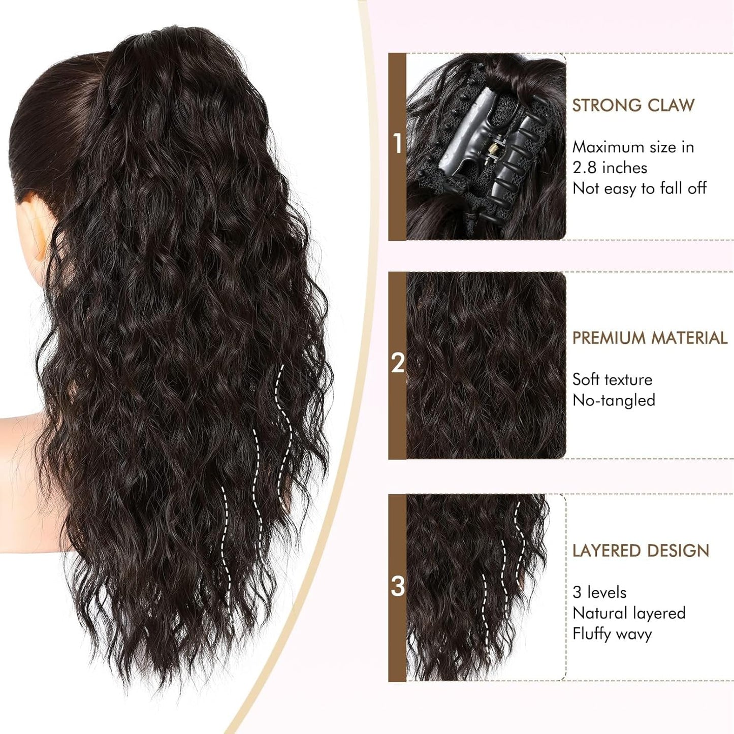 REECHO Ponytail Extension - 18 Inch Curly Claw Clip-In Hairpiece for Women | Natural Synthetic Hair - Black Brown