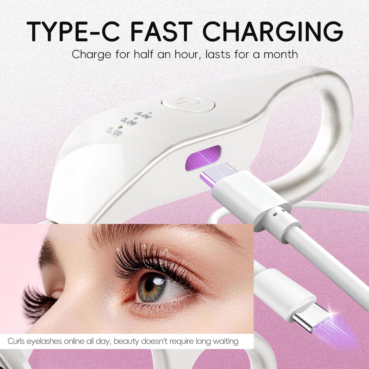 Heated Eyelash Curler, 10s Fast Heat Up Electric Lash Curler with 3 Temperature Modes, 24H Long Lasting Rechargeable Type-C Portable Travel Eyelash Curler, Anti-Burn Safe Natural Curling (White)