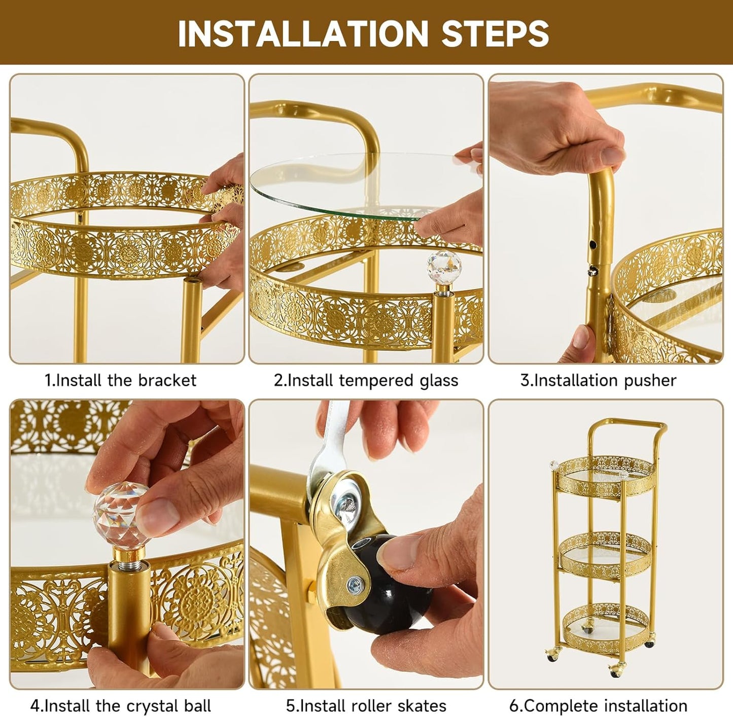 Multi-Functional Mobile Trolley Bar Cart - Rolling Design with Lockable Casters & 3 Mirror Holders | Gold Finish