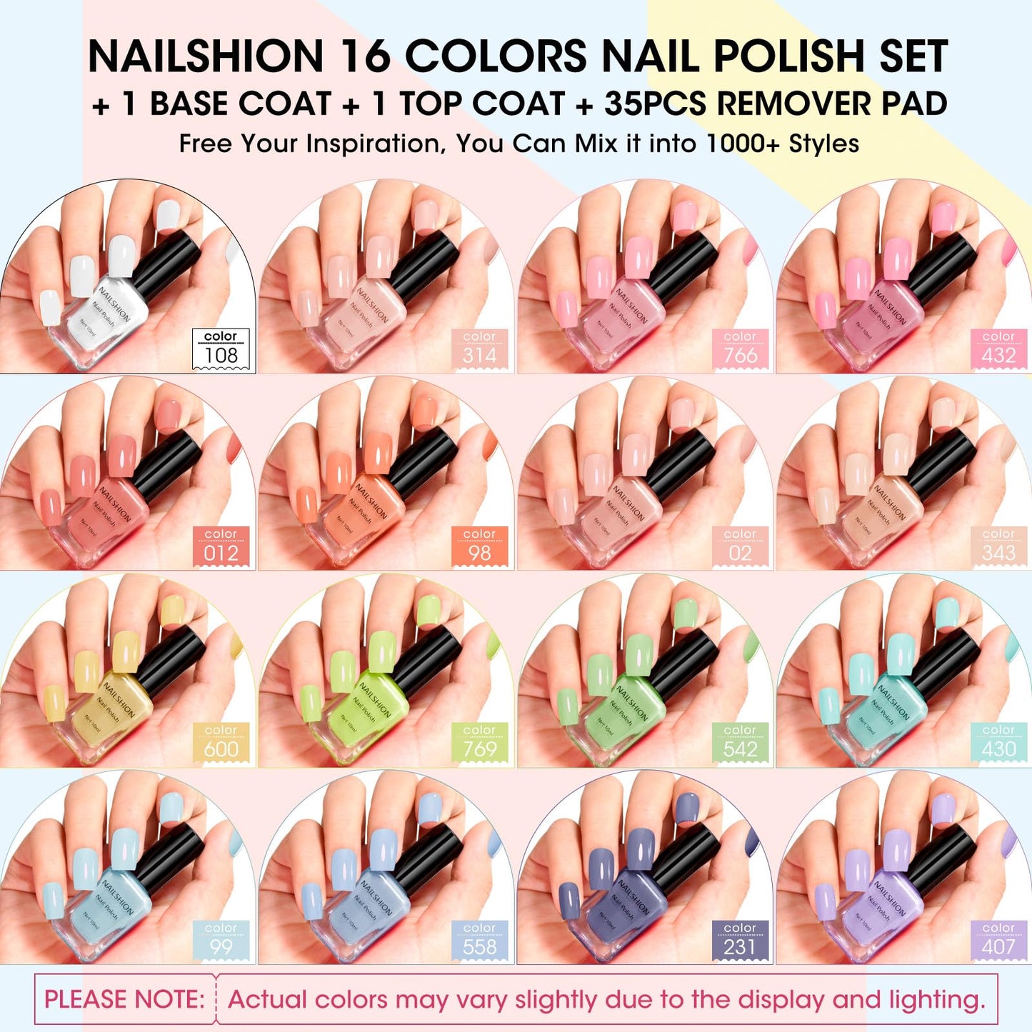 Nailshion 16 Colors Macaroon Nail Polish Set, Nude Pink Palette Nail Lacquer with Base Top Coat & Remover Pads, Quick Air Dry Non-Gel, French Nails Fingernail Toenail Nail Art Design Kit