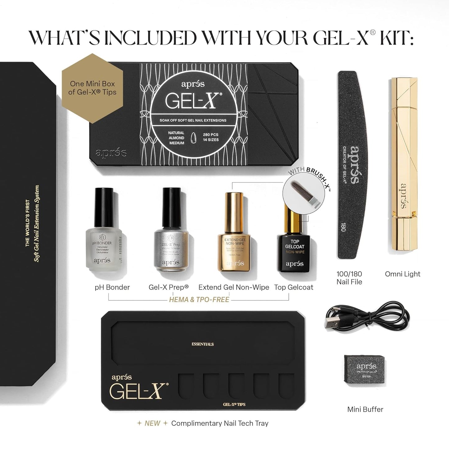 Aprés Gel-X Nail Extension Starter Kit - 14 Sizes 00-9 & Half Sizes | Soft Gel-X Tips, HEMA/TPO-Free, Natural Almond Medium