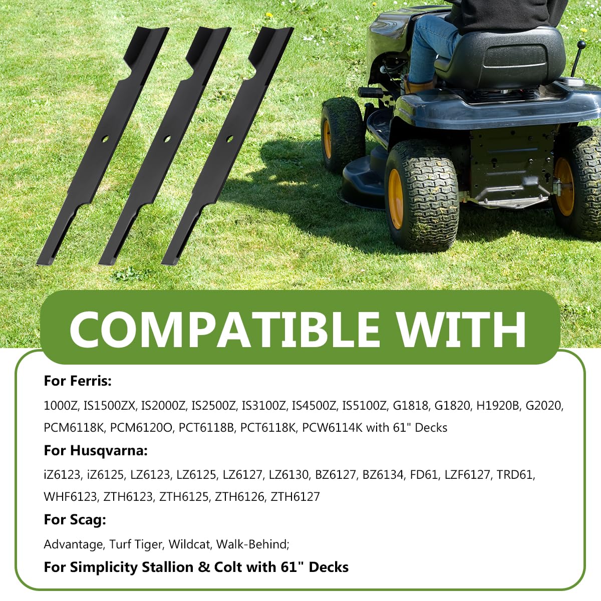 BCQNXX 482879 High Lift Blades Set Replaces Scag 48111 481708 481712 482787 Ferris 1520842 Husqvarna 539101733, Compatible with IS1500ZX IS2000Z IS2500Z 61" Deck (3PACK)