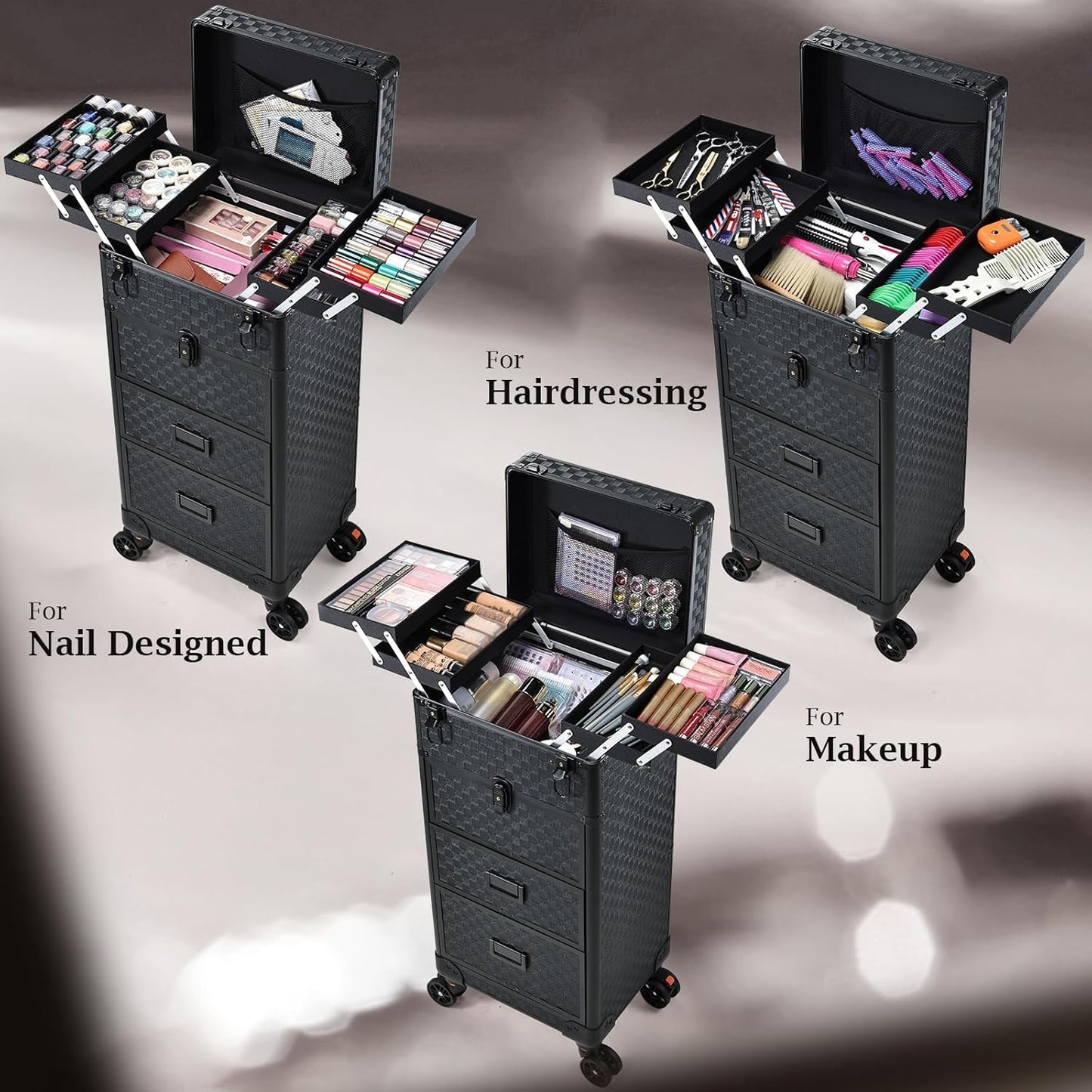 Rolling Makeup Case on Wheels - 4-in-1 Cosmetology Organizer with 3 Drawers & Foot Stand | Ideal for Artists & Salons