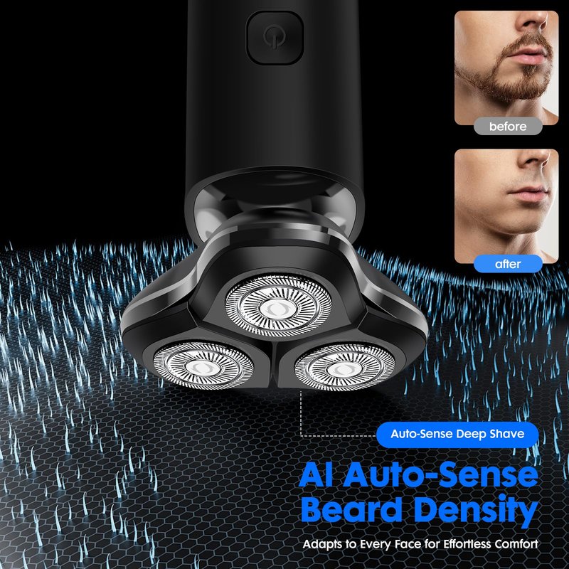 Black Electric Razor for Men with 3-Blade Rotary System, Touch Switch, LED Display, Travel Lock
