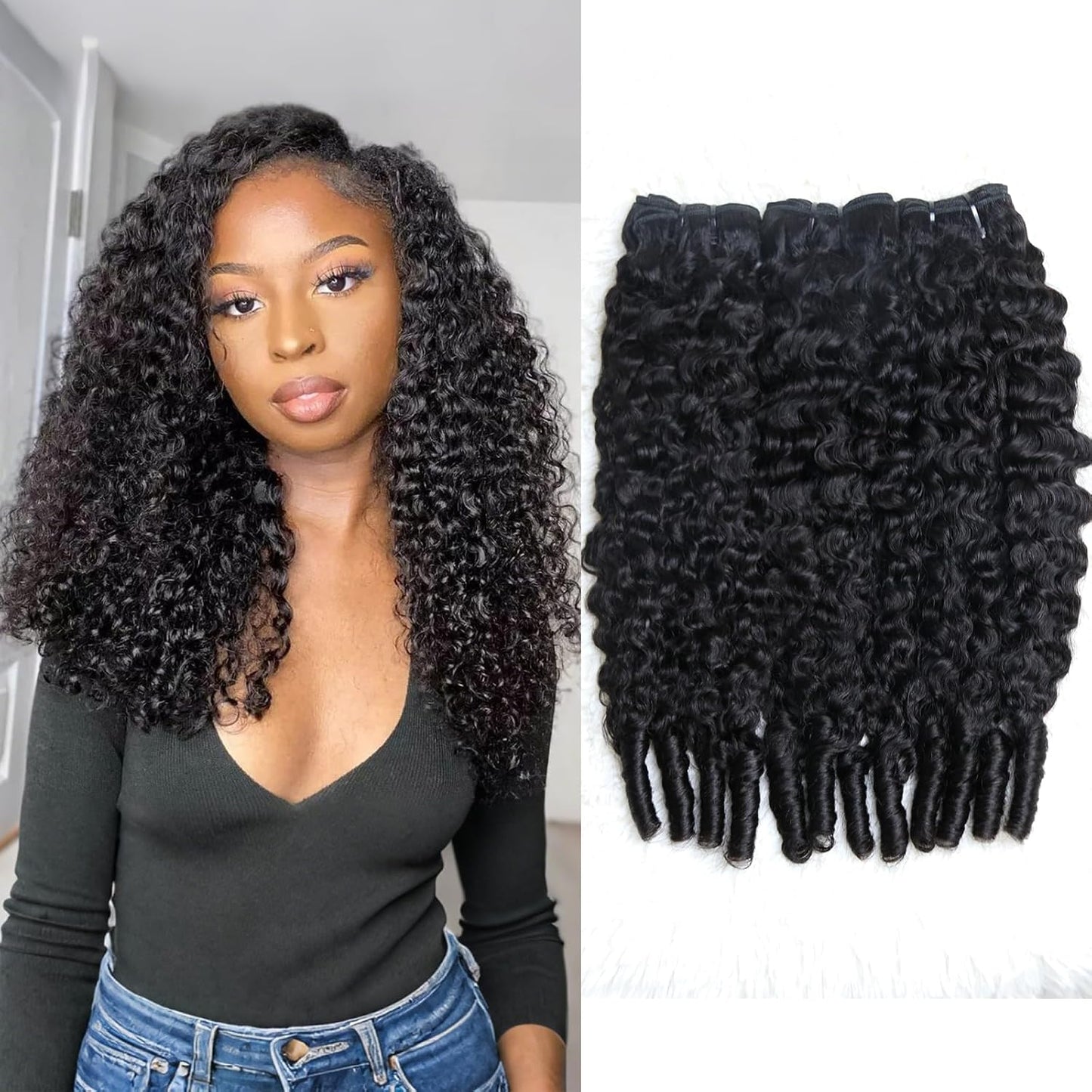 Curly Human Hair Bundles - 16, 18, 20 Inches | Water Wave Burmese Curly Weave for Women, Natural Black