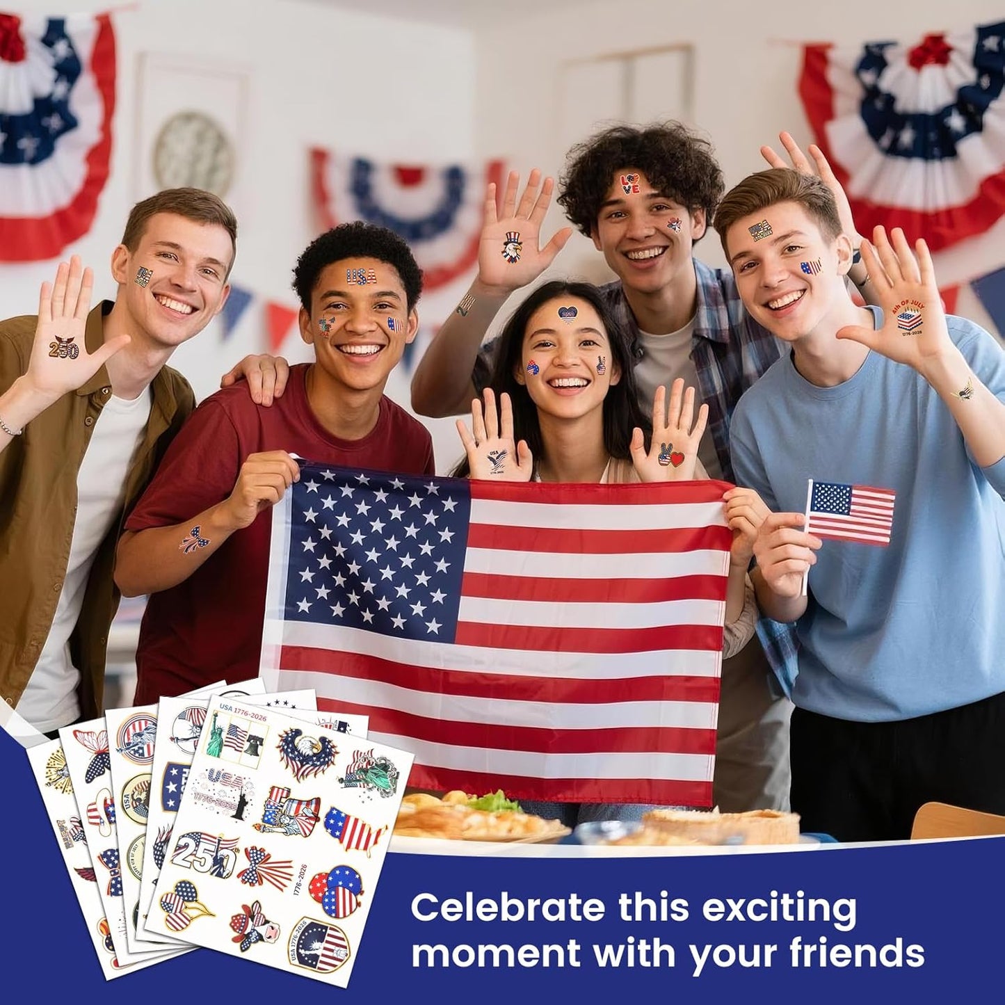 USA Temporary Tattoos - 250th Anniversary American Flag Stickers | 15 Sheets, 60 Styles for 4th of July Decor